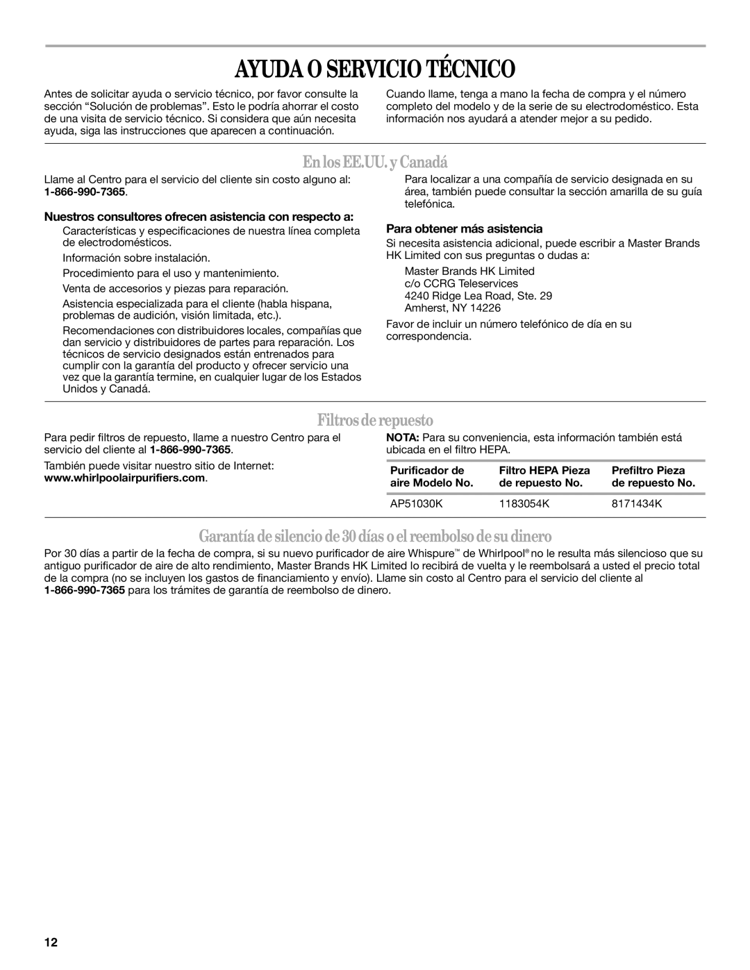 Whirlpool WP-AP510 manual Ayuda O Servicio Técnico, Enlos EE.UU. y Canadá, Filtros de repuesto 