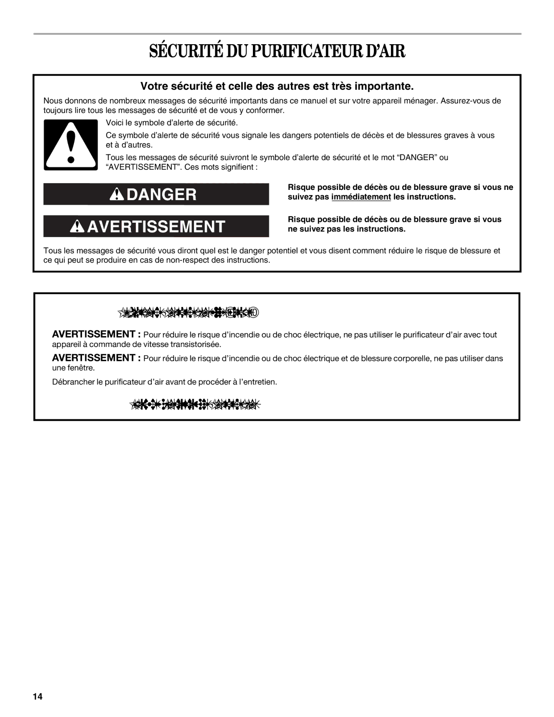 Whirlpool WP-AP510 manual Sécurité DU Purificateur D’AIR, Votre sécurité et celle des autres est très importante 