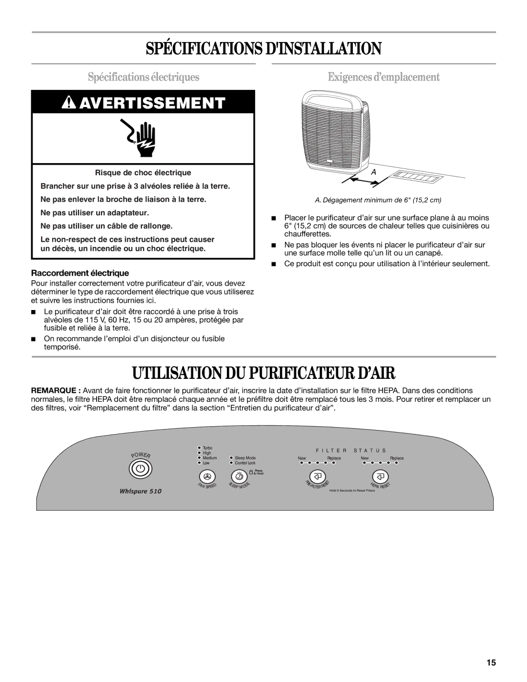 Whirlpool WP-AP510 manual Spécifications Dinstallation, Utilisation DU Purificateur D’AIR, Spécificationsélectriques 