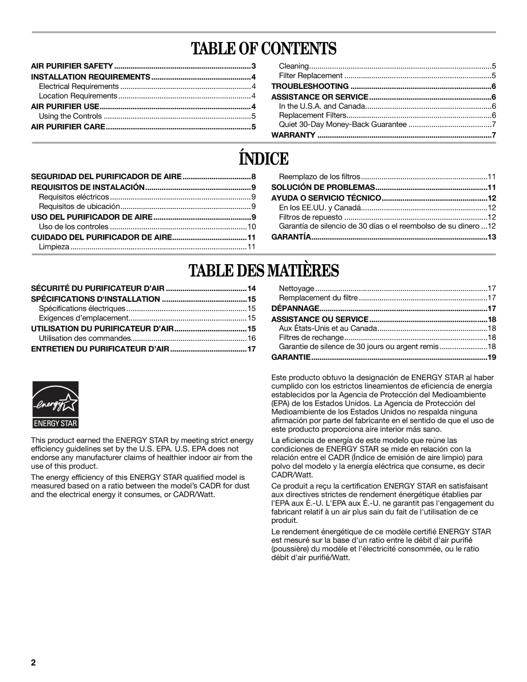 Whirlpool WP-AP510 manual Table of Contents, Índice, Table DES Matières 