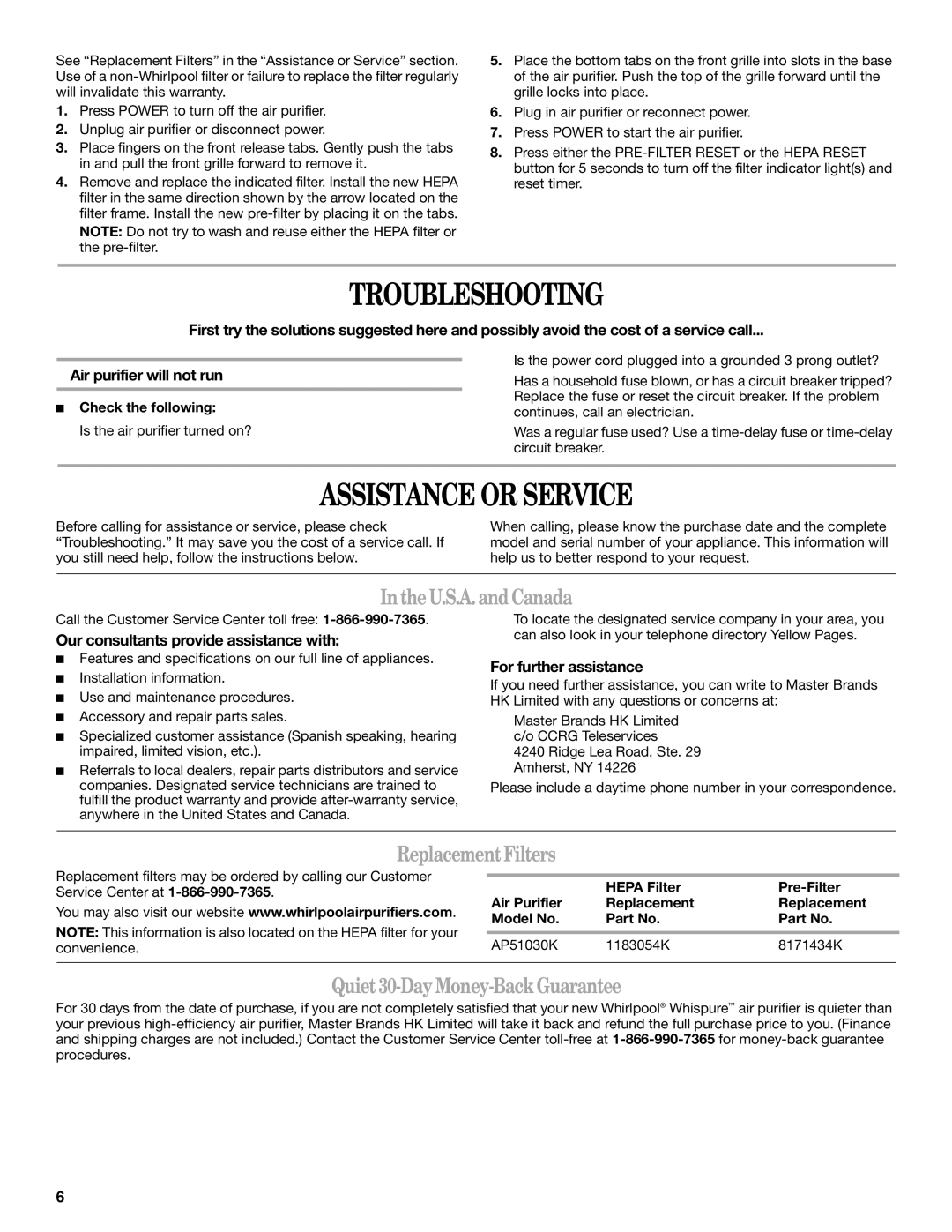 Whirlpool WP-AP510 manual Troubleshooting, Assistance or Service, Inthe U.S.A. and Canada, Replacement Filters 