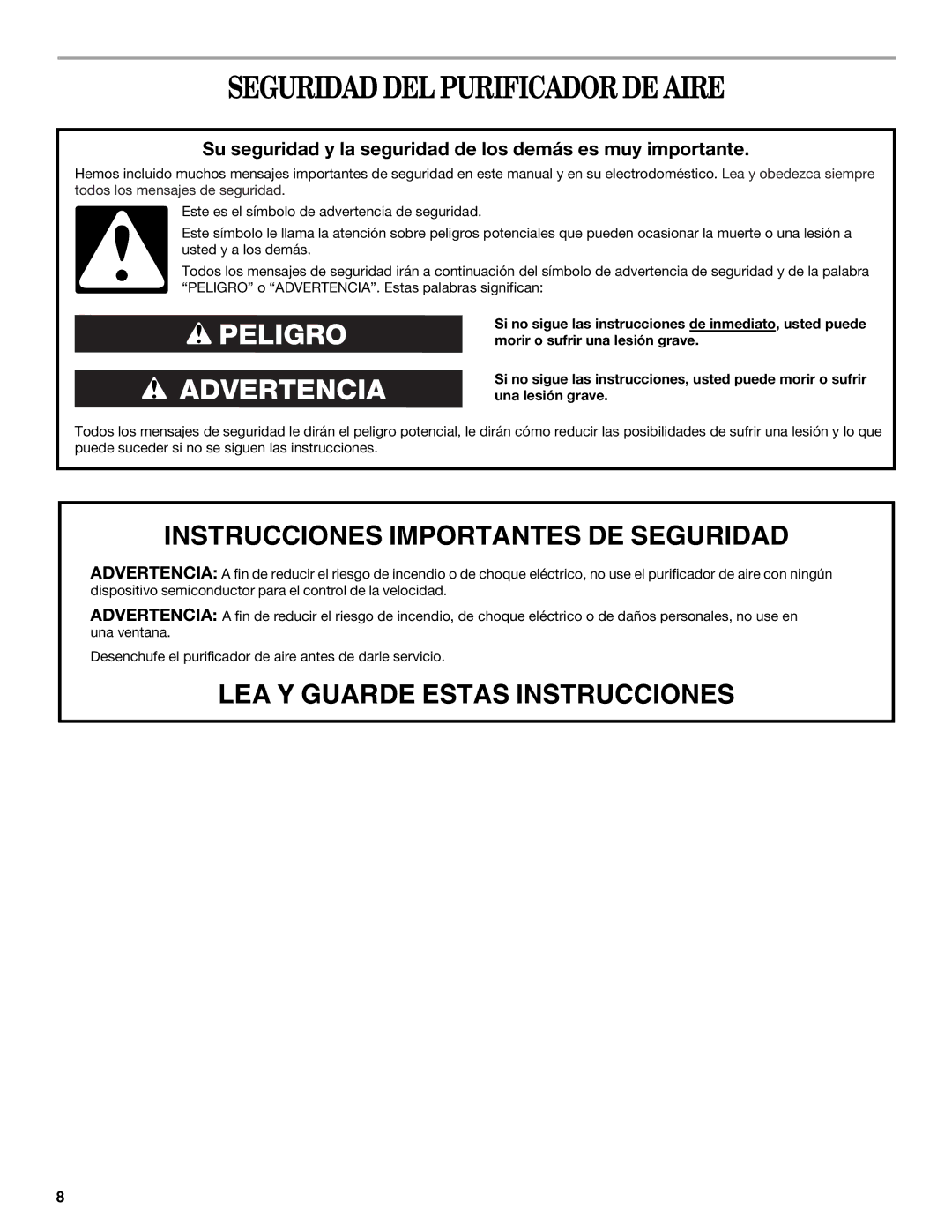 Whirlpool WP-AP510 manual Seguridad DEL Purificador DE Aire, Su seguridad y la seguridad de los demás es muy importante 