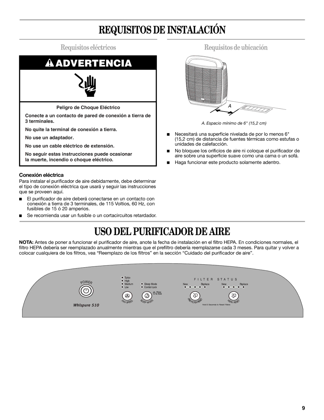 Whirlpool AP510 Requisitos DE Instalación, USO DEL Purificador DE Aire, Requisitos eléctricos, Requisitos de ubicación 