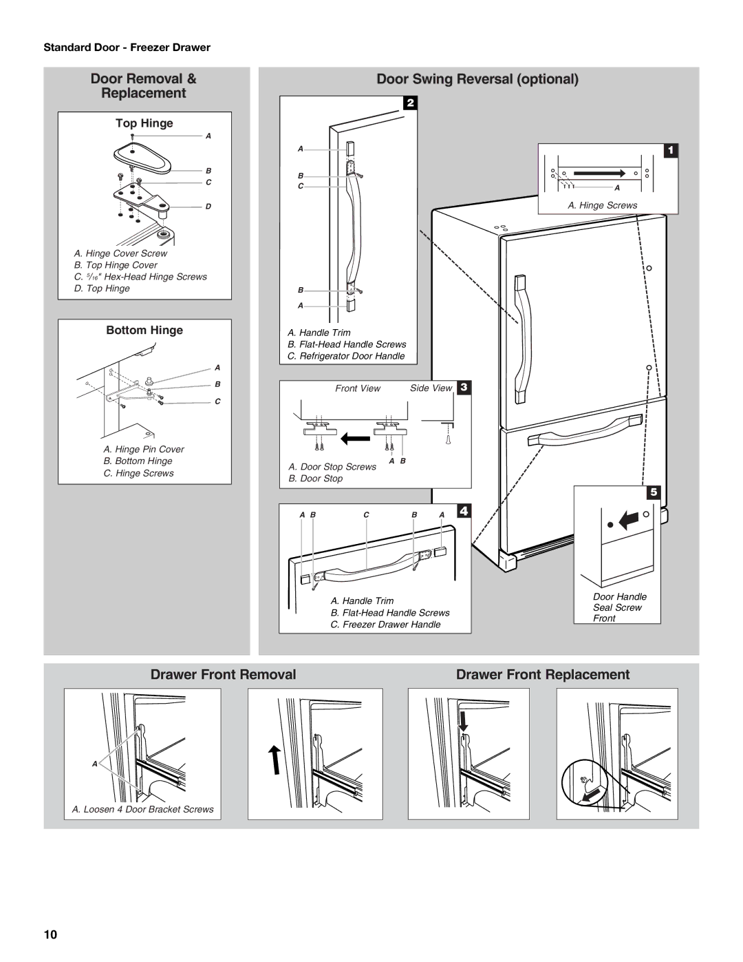 Whirlpool WRF535SMBM installation instructions Standard Door Freezer Drawer, Front View Side View Door Stop Screws 