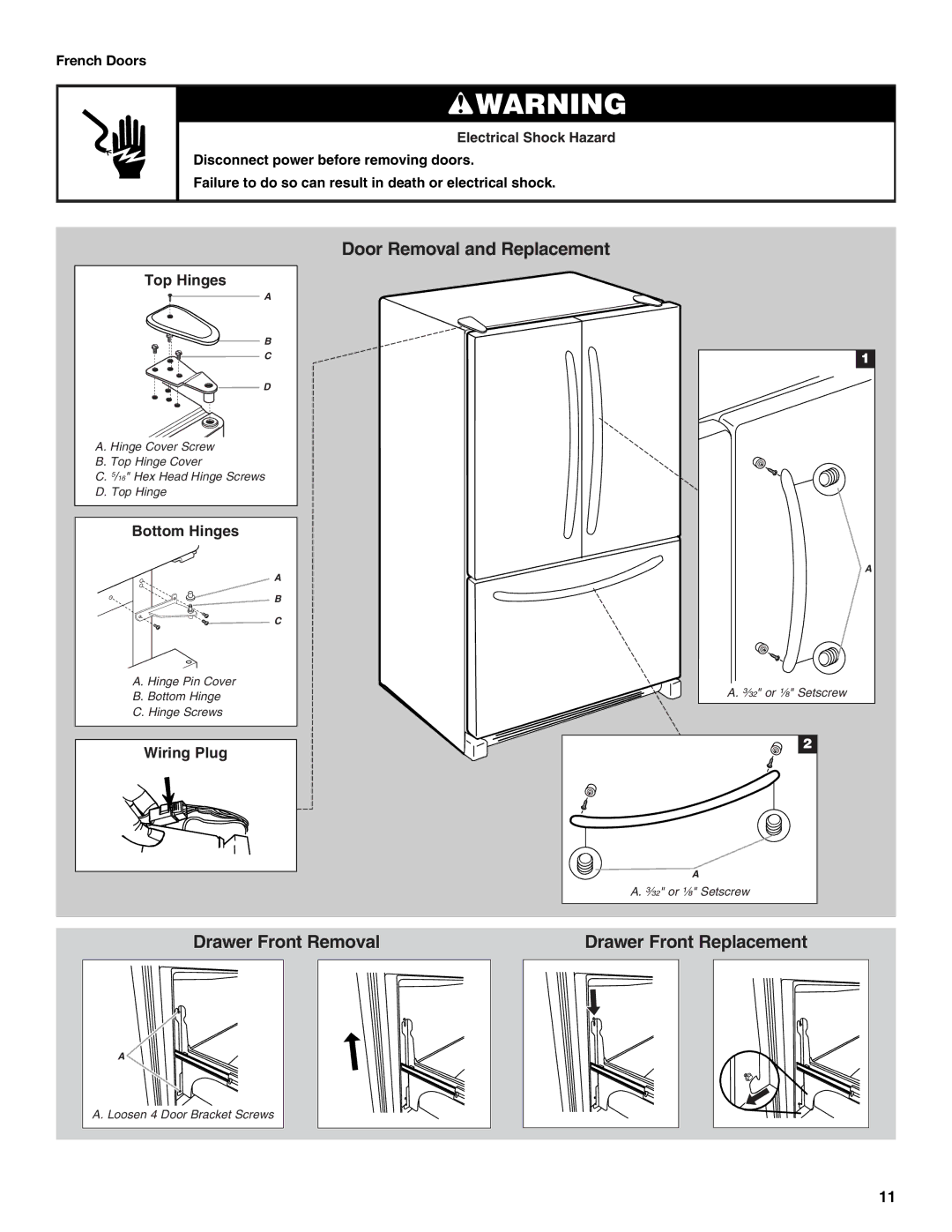 Whirlpool WRF535SMBM installation instructions Door Removal and Replacement 