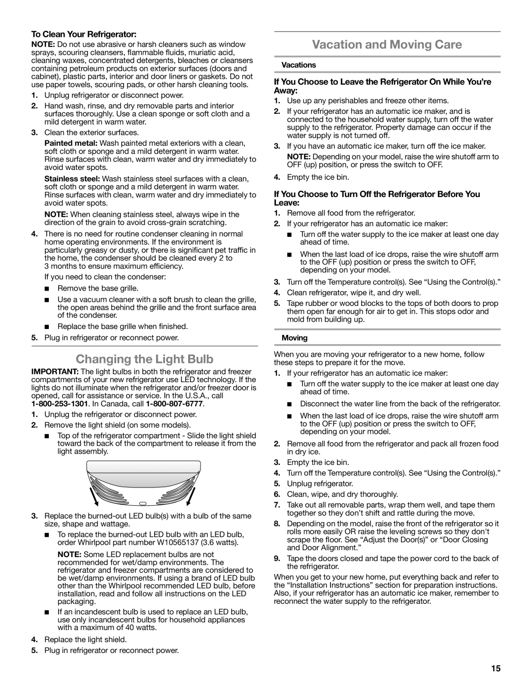 Whirlpool WRF535SMBM Changing the Light Bulb, Vacation and Moving Care, To Clean Your Refrigerator 