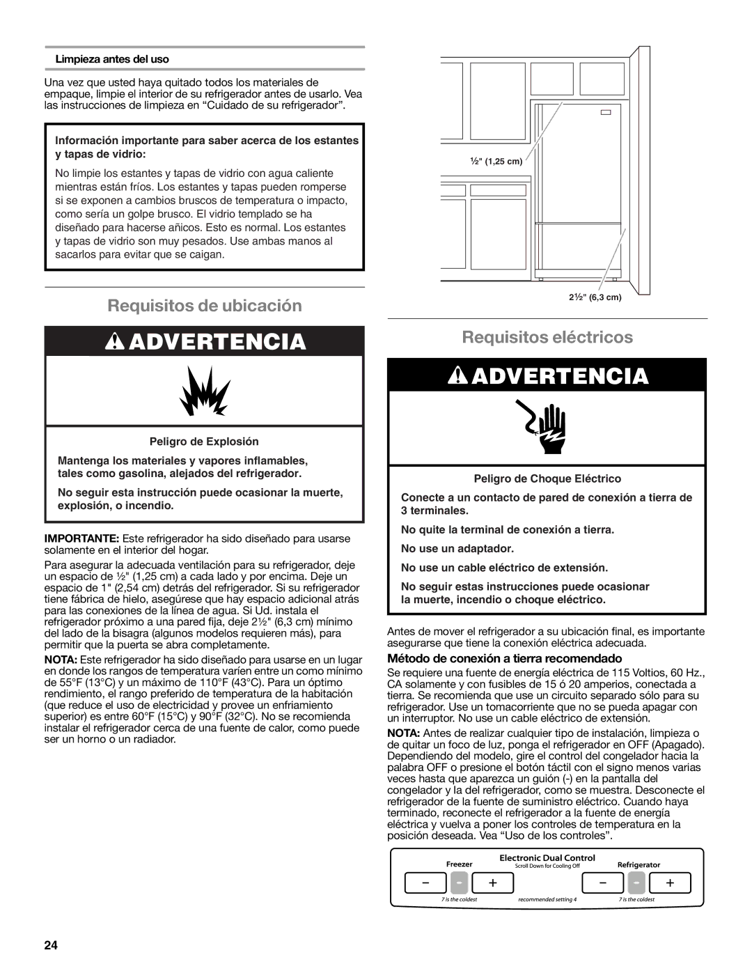 Whirlpool WRF535SMBM Requisitos de ubicación, Requisitos eléctricos, Método de conexión a tierra recomendado 