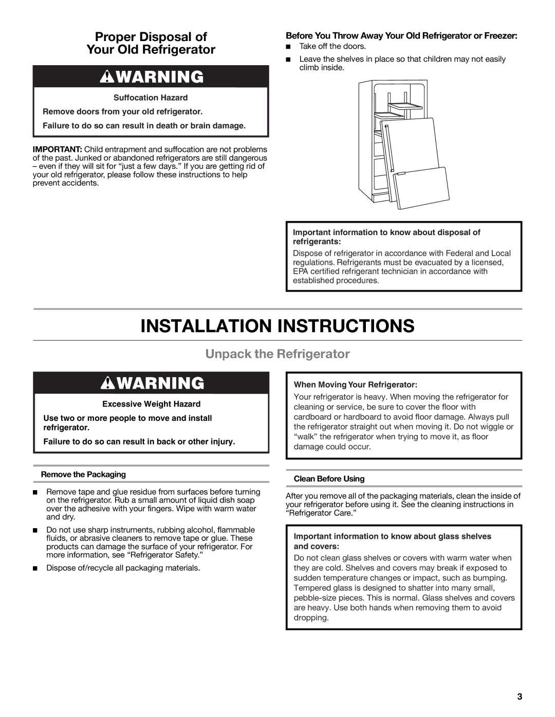 Whirlpool WRF535SMBM installation instructions Installation Instructions, Unpack the Refrigerator, Remove the Packaging 