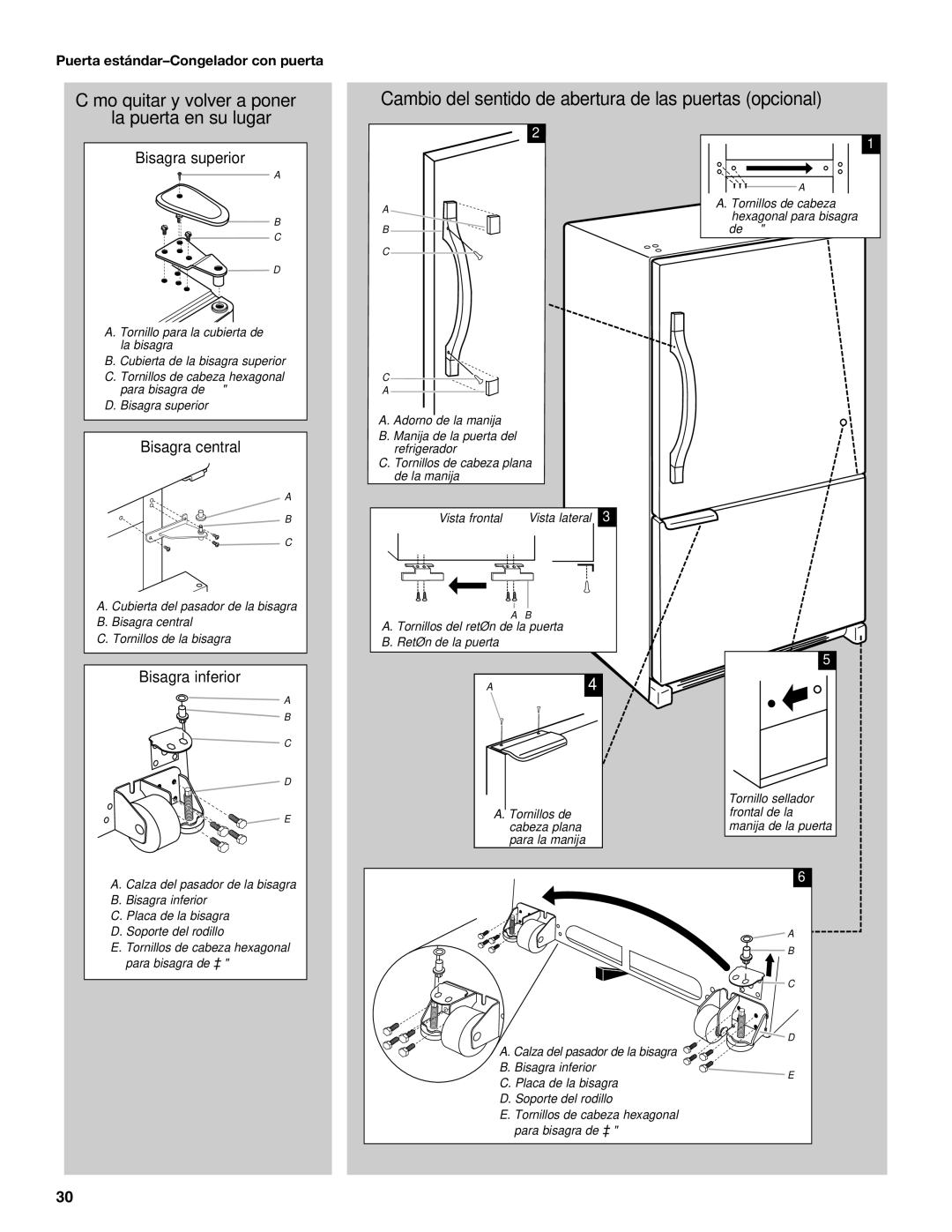 Whirlpool WRF535SMBM installation instructions Bisagra superior, Puerta estándar-Congelador con puerta 