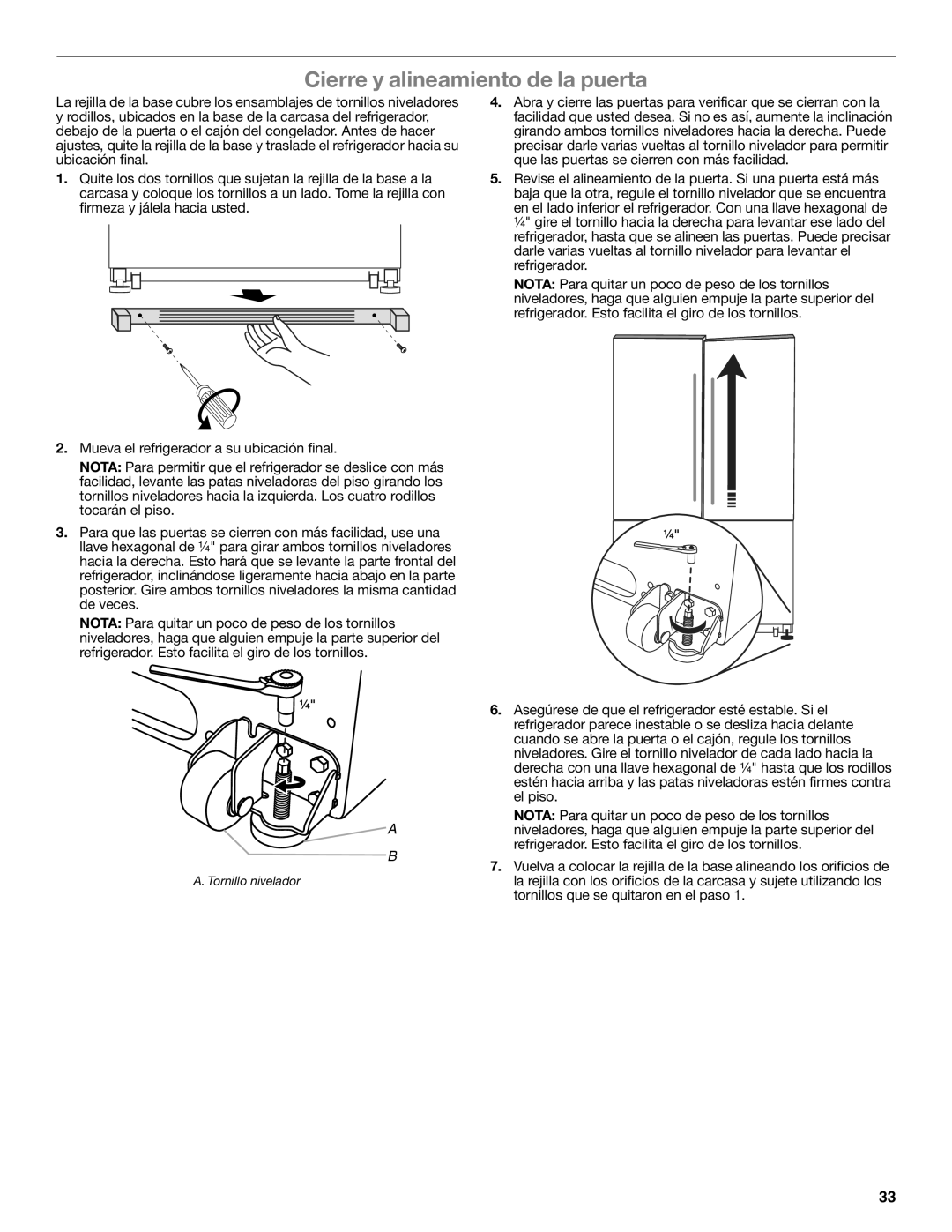 Whirlpool WRF535SMBM installation instructions Cierre y alineamiento de la puerta, Tornillo nivelador 