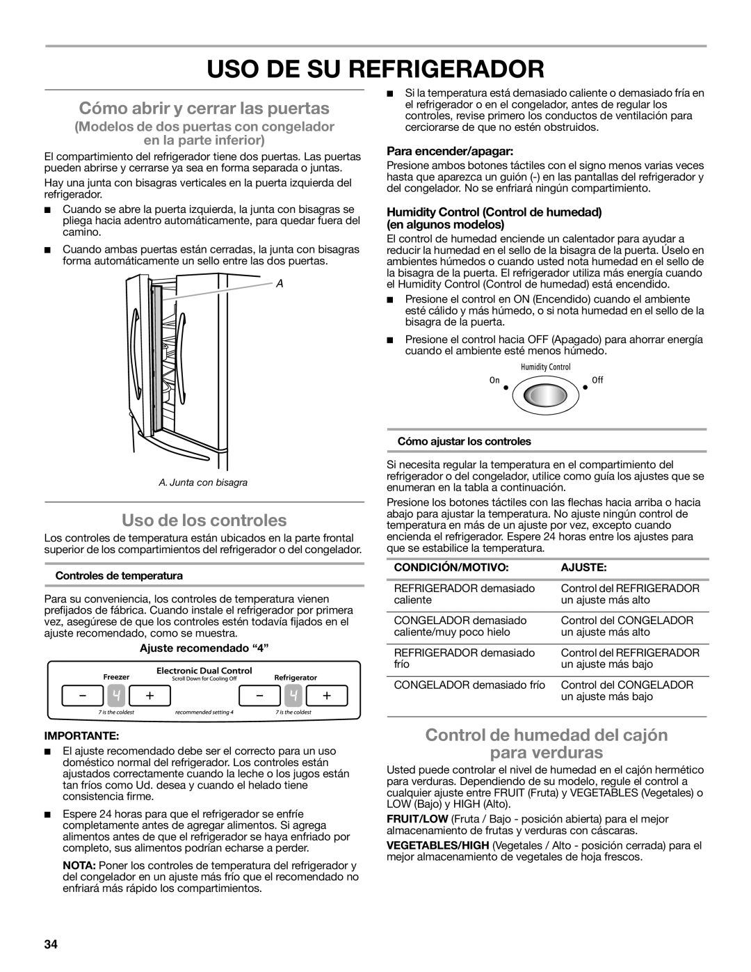 Whirlpool WRF535SMBM USO DE SU Refrigerador, Cómo abrir y cerrar las puertas, Uso de los controles 