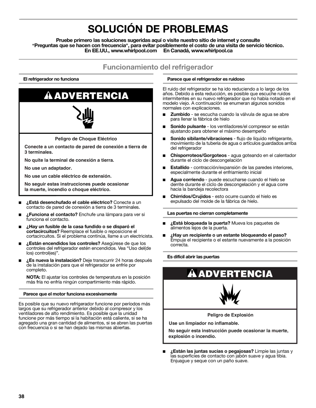 Whirlpool WRF535SMBM Solución DE Problemas, Funcionamiento del refrigerador, El refrigerador no funciona 