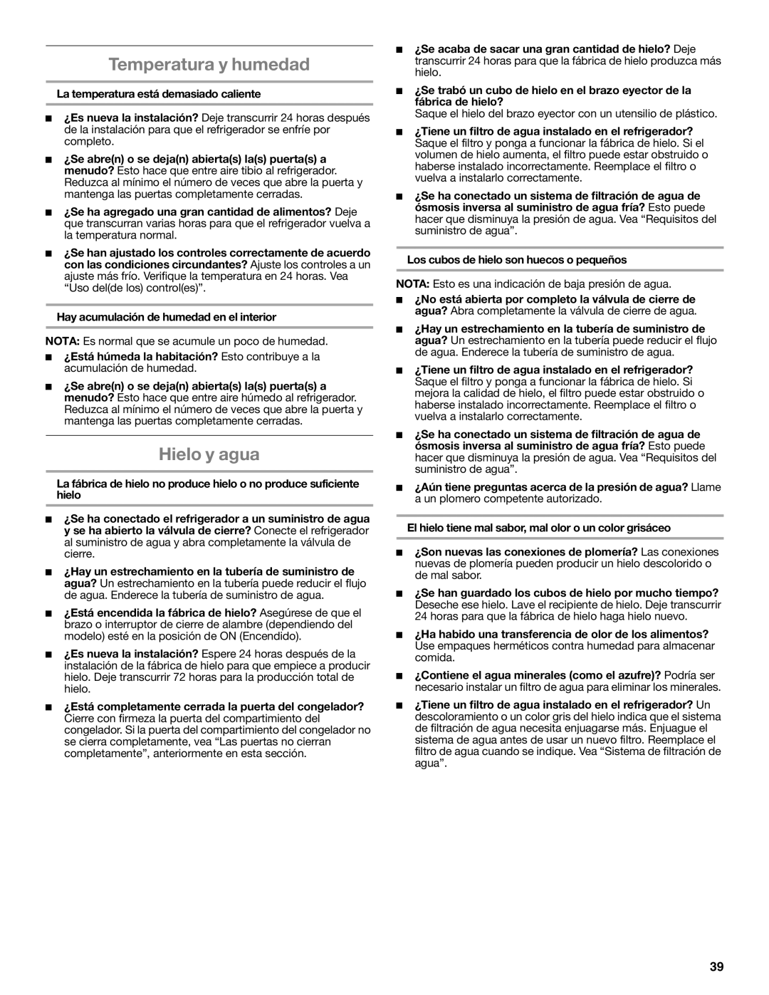 Whirlpool WRF535SMBM installation instructions Temperatura y humedad, Hielo y agua 