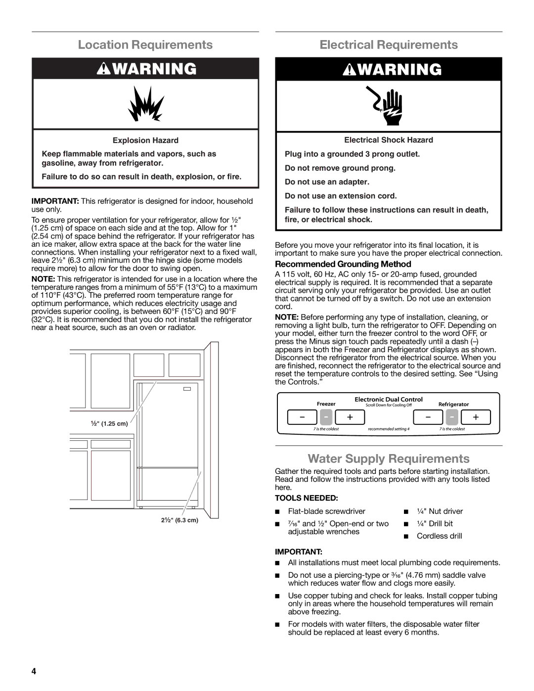 Whirlpool WRF535SMBM Location Requirements, Electrical Requirements, Water Supply Requirements, Tools Needed 