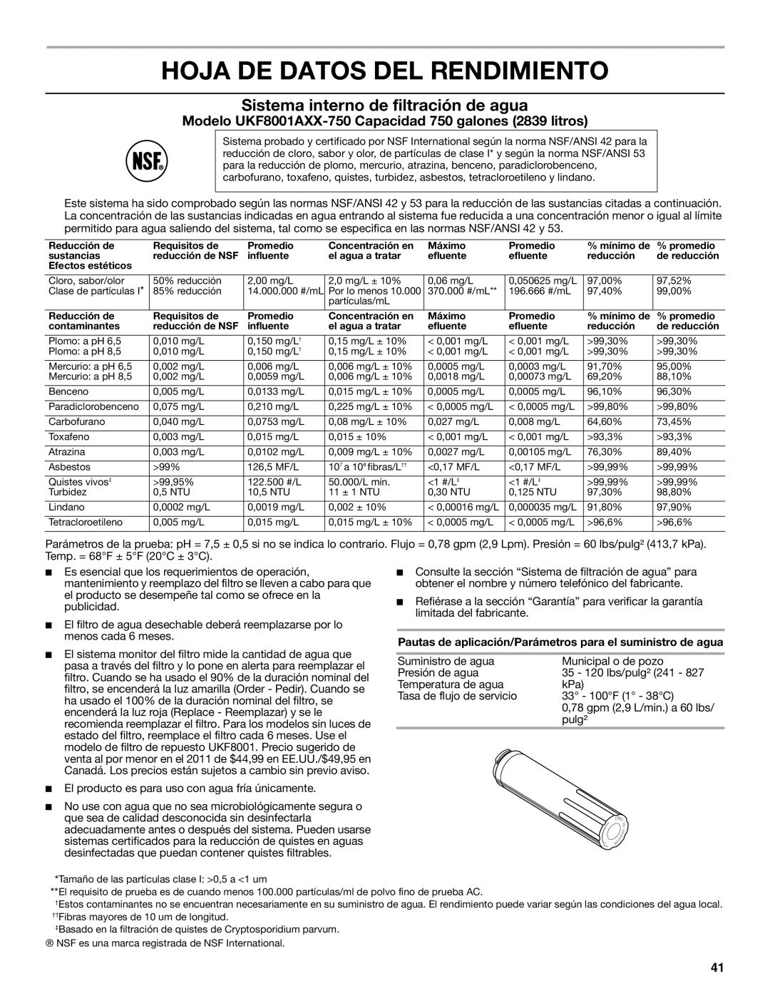 Whirlpool WRF535SMBM Hoja DE Datos DEL Rendimiento, Pautas de aplicación/Parámetros para el suministro de agua 