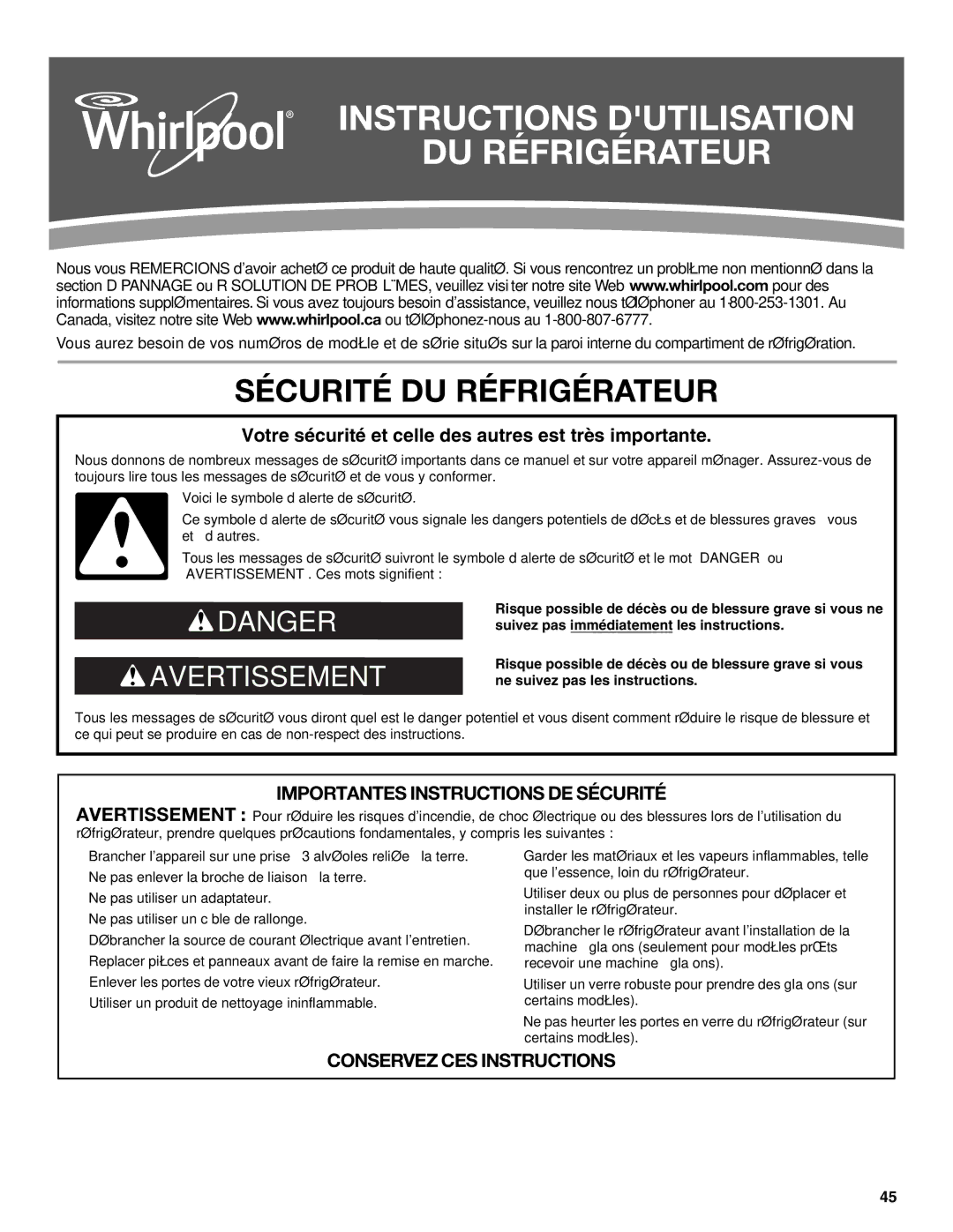 Whirlpool WRF535SMBM installation instructions Instructions Dutilisation DU Réfrigérateur, Sécurité DU Réfrigérateur 