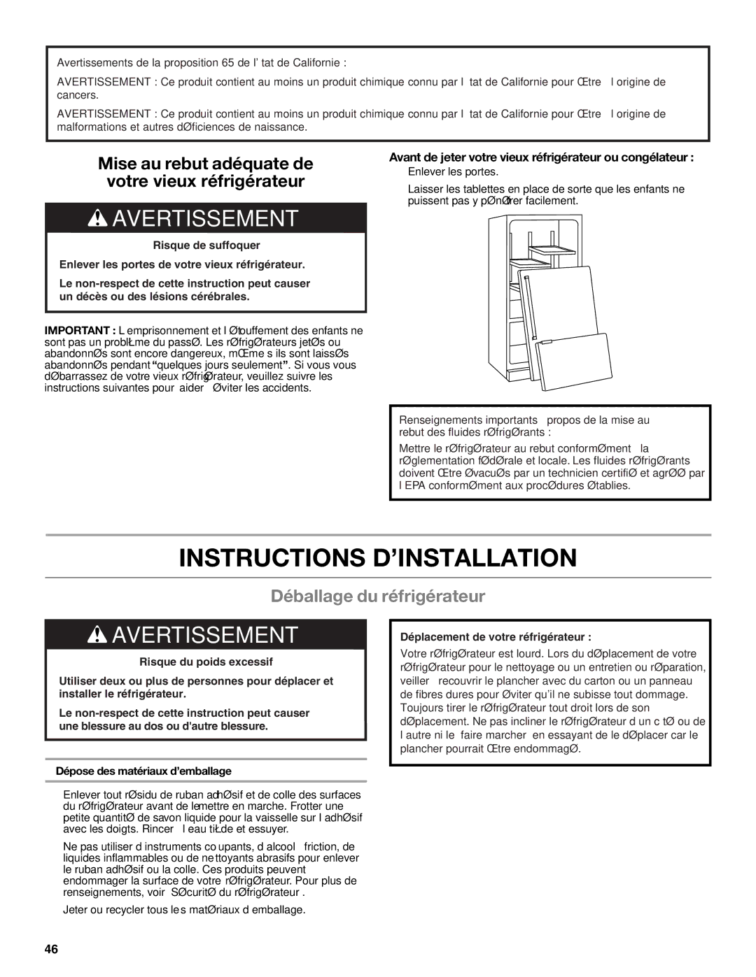 Whirlpool WRF535SMBM installation instructions Instructions D’INSTALLATION, Déballage du réfrigérateur 