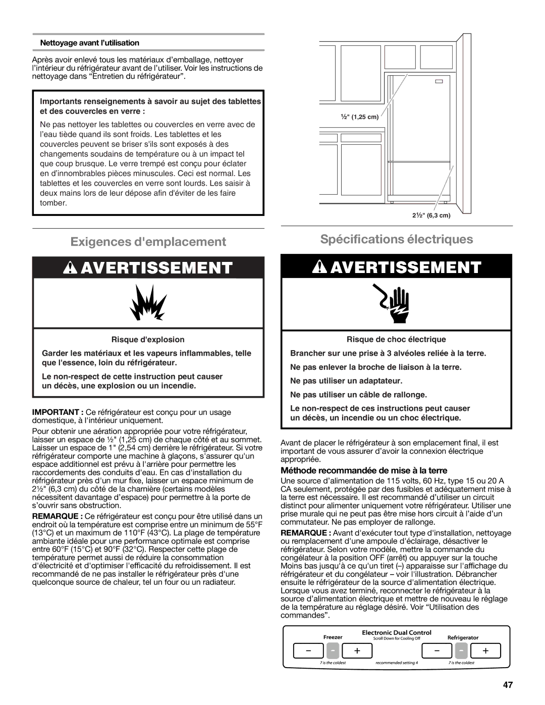 Whirlpool WRF535SMBM Exigences demplacement, Spécifications électriques, Méthode recommandée de mise à la terre 