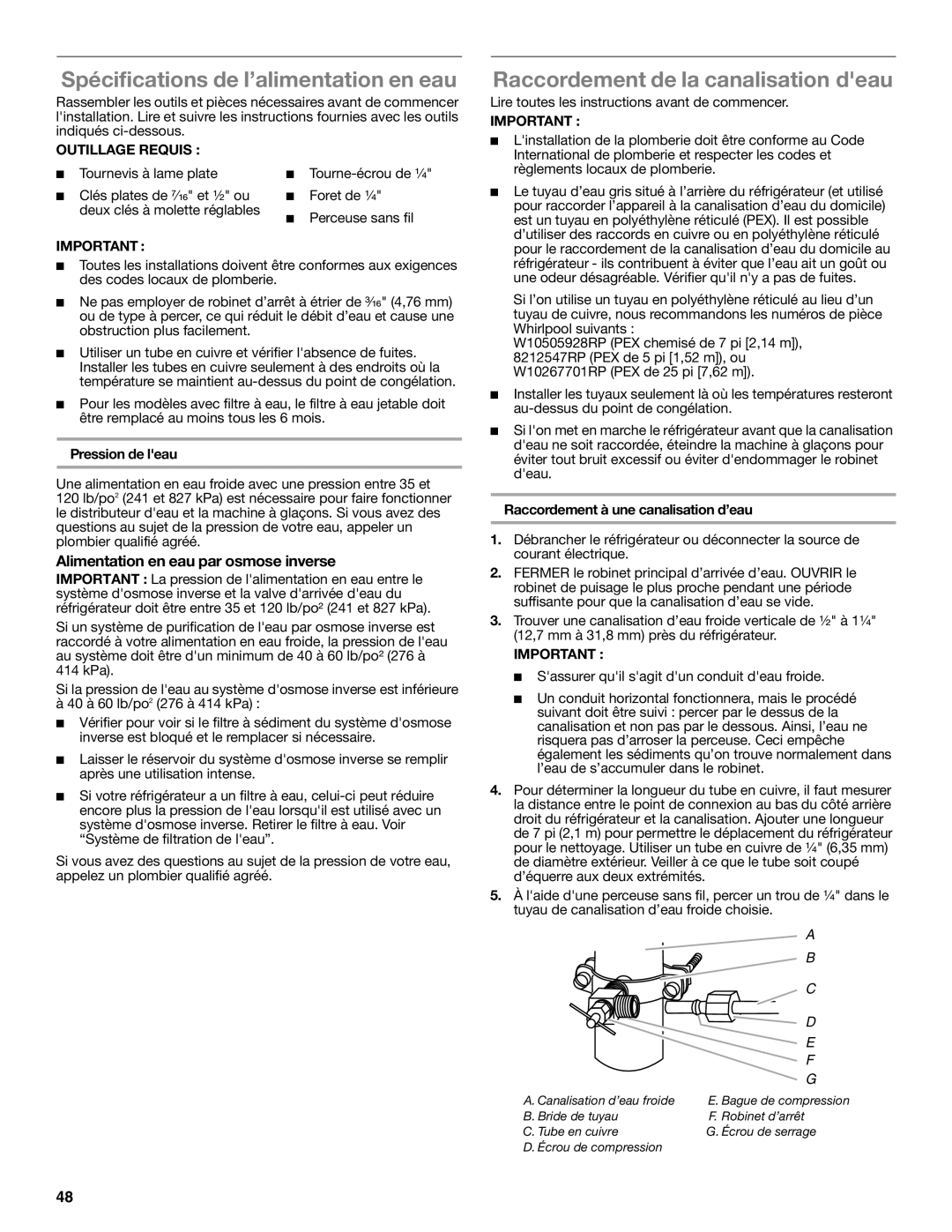 Whirlpool WRF535SMBM Spécifications de l’alimentation en eau, Raccordement de la canalisation deau, Outillage Requis 