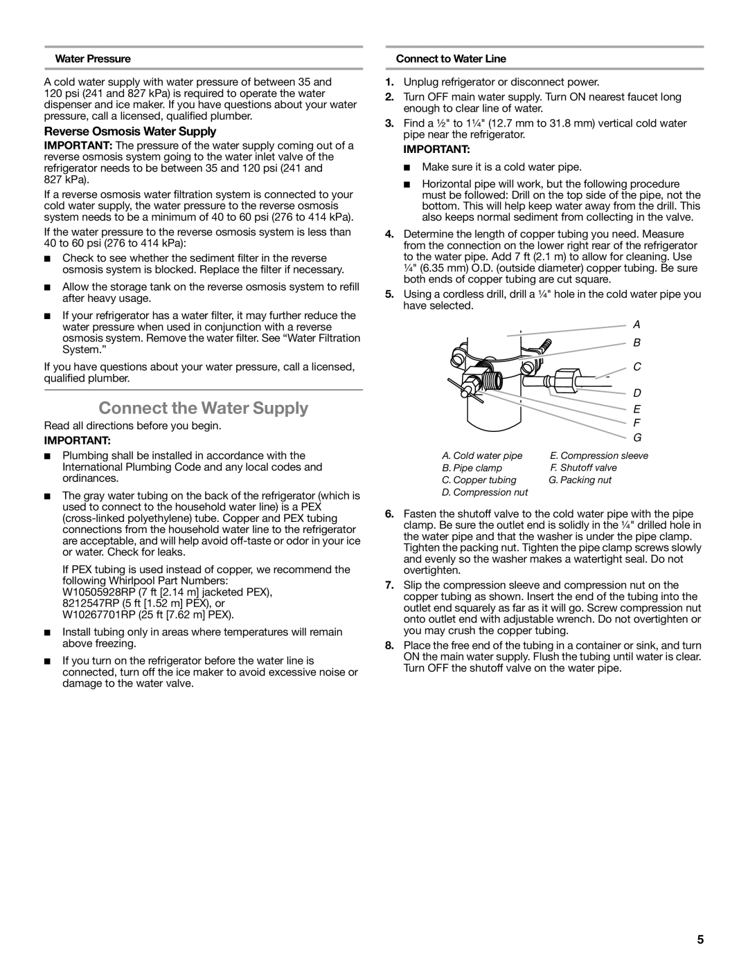 Whirlpool WRF535SMBM Connect the Water Supply, Reverse Osmosis Water Supply, Water Pressure, Connect to Water Line 