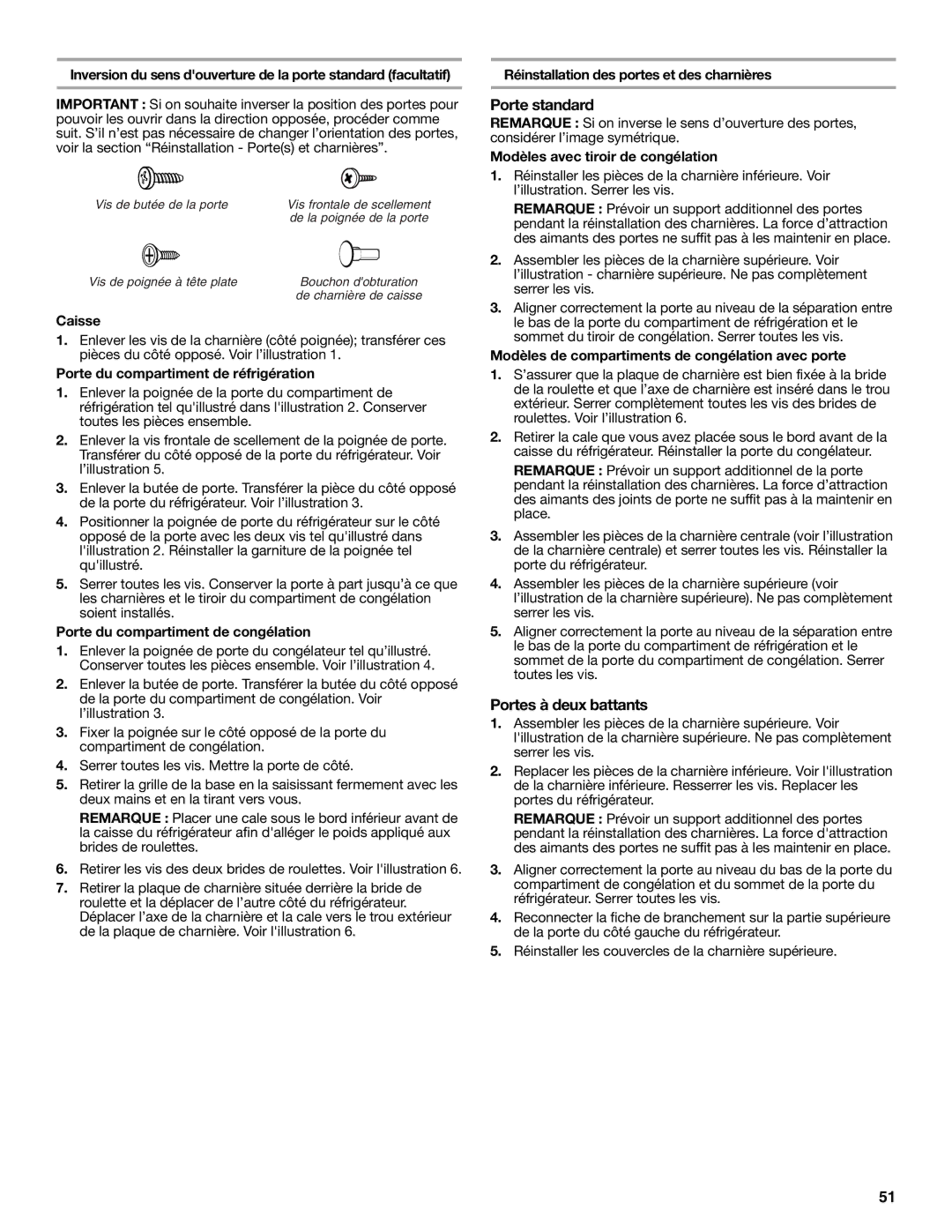 Whirlpool WRF535SMBM installation instructions Portes à deux battants, Caisse, Porte du compartiment de réfrigération 