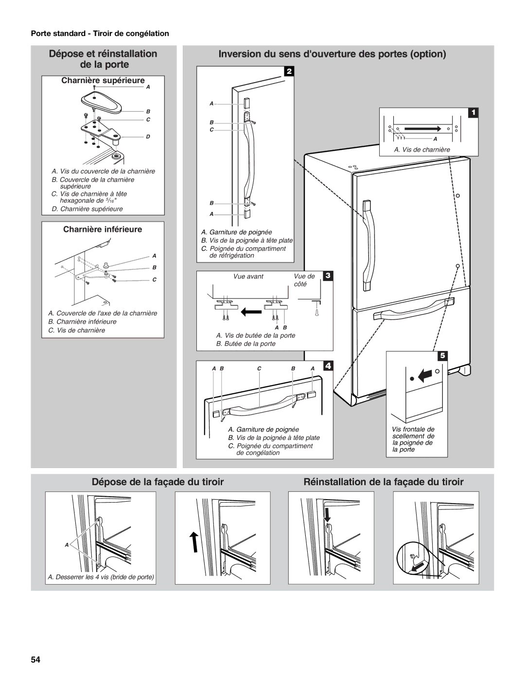 Whirlpool WRF535SMBM installation instructions Porte standard Tiroir de congélation 