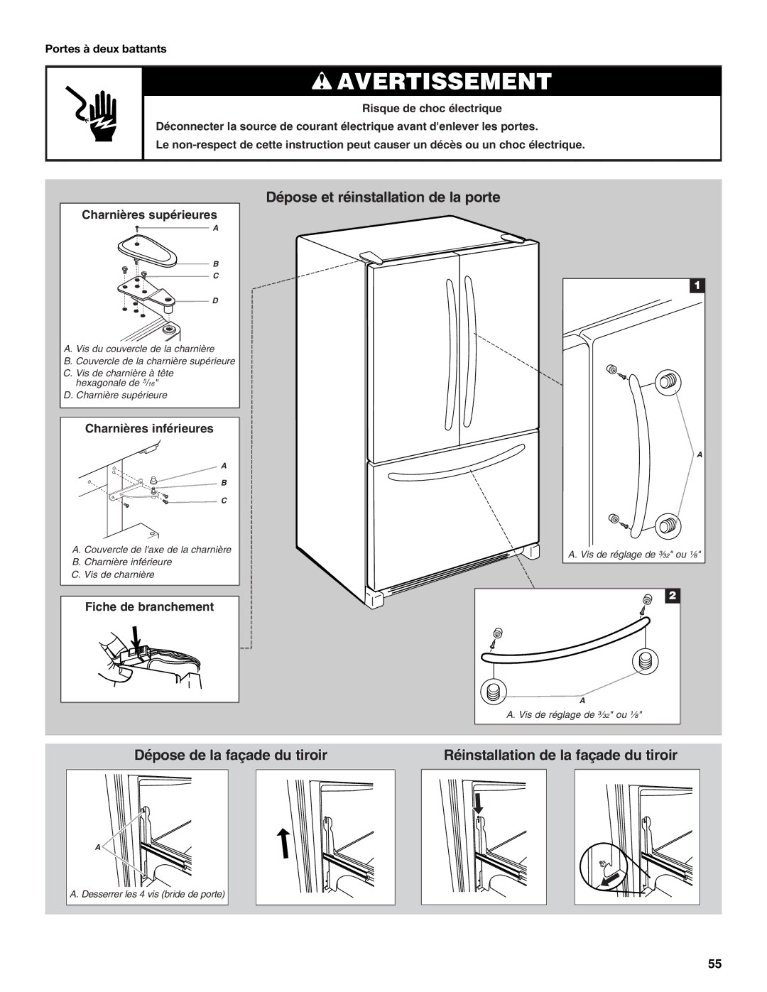 Whirlpool WRF535SMBM installation instructions Charnières supérieures, Portes à deux battants 