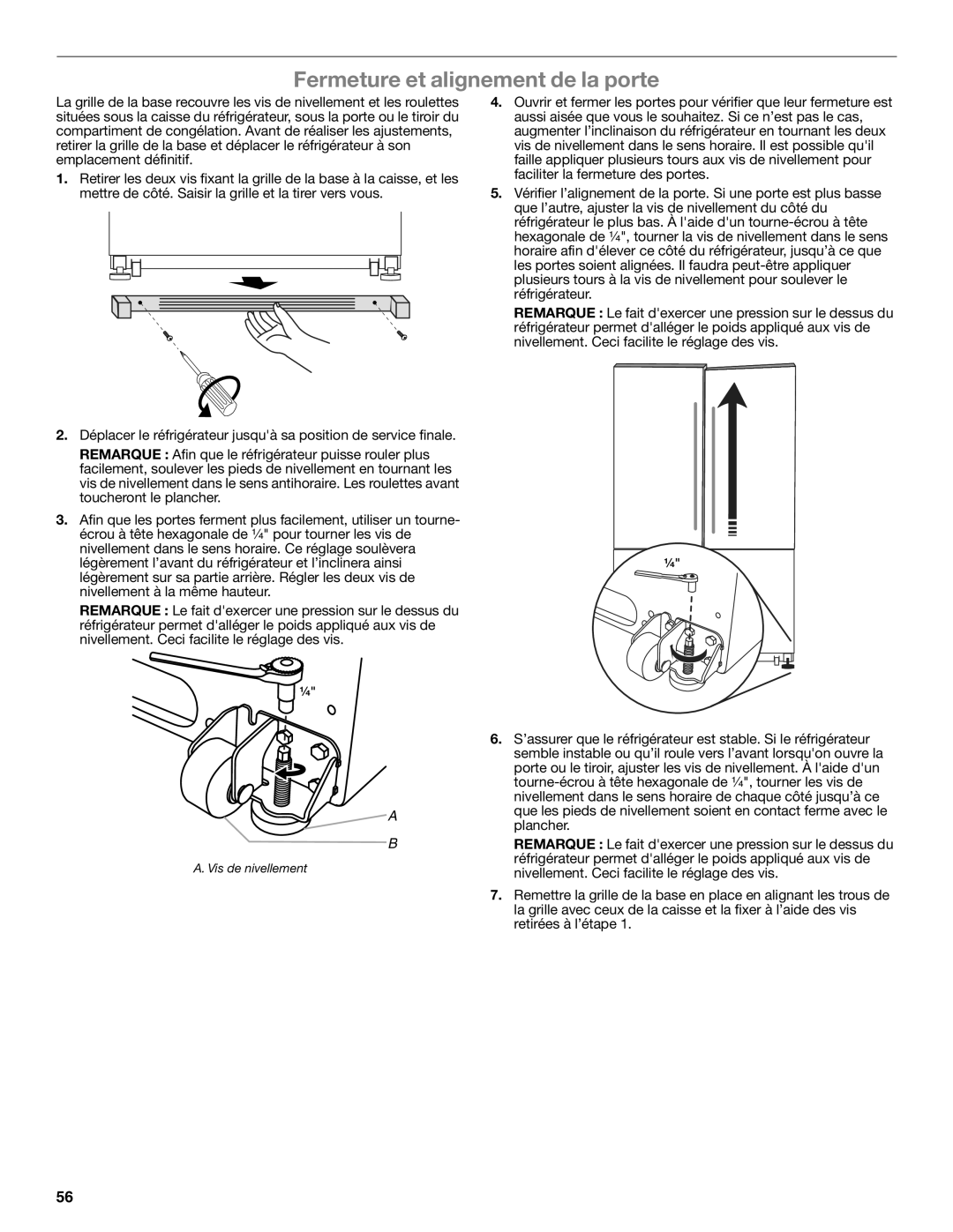 Whirlpool WRF535SMBM installation instructions Fermeture et alignement de la porte 