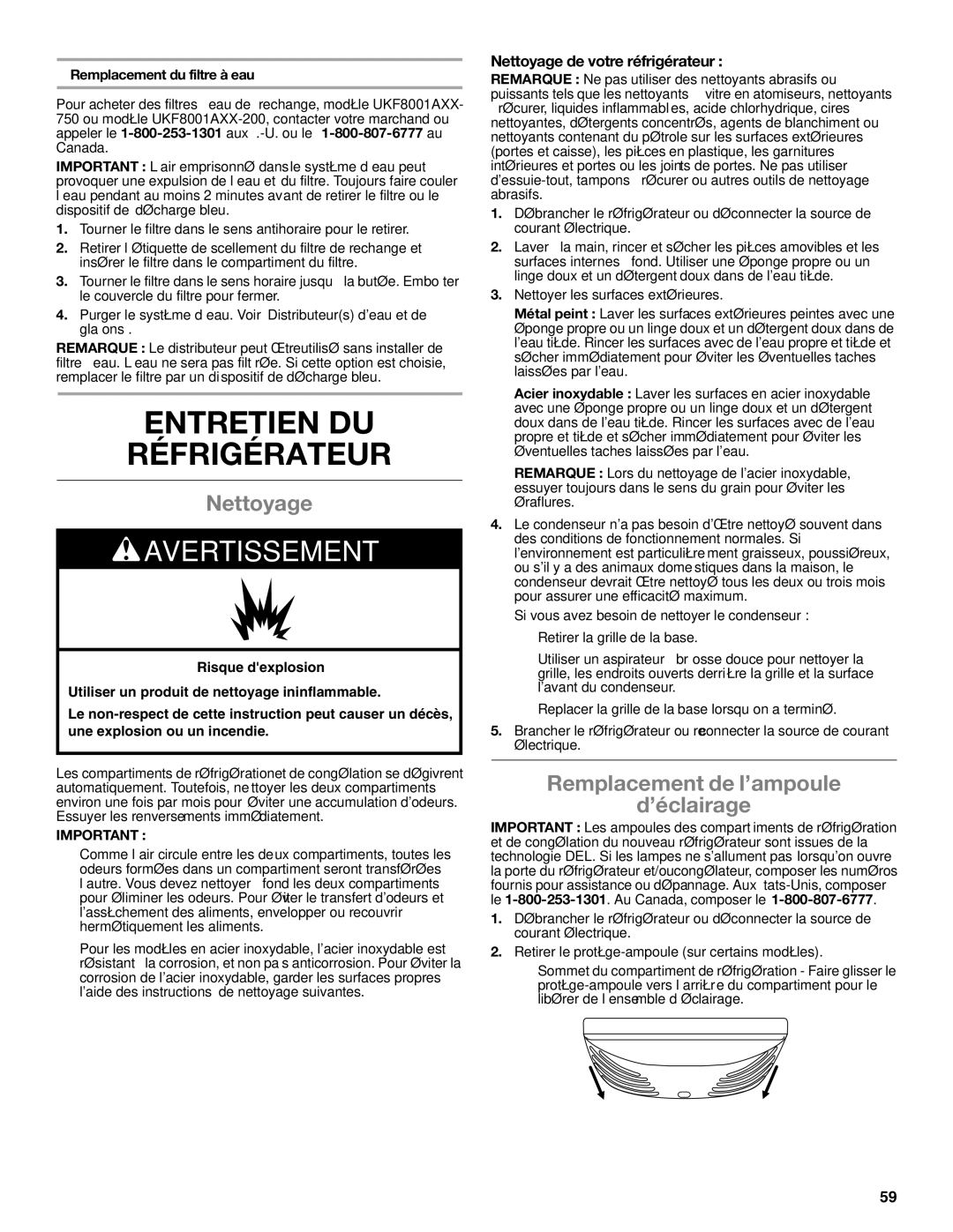 Whirlpool WRF535SMBM installation instructions Entretien DU Réfrigérateur, Nettoyage, Remplacement de l’ampoule ’éclairage 