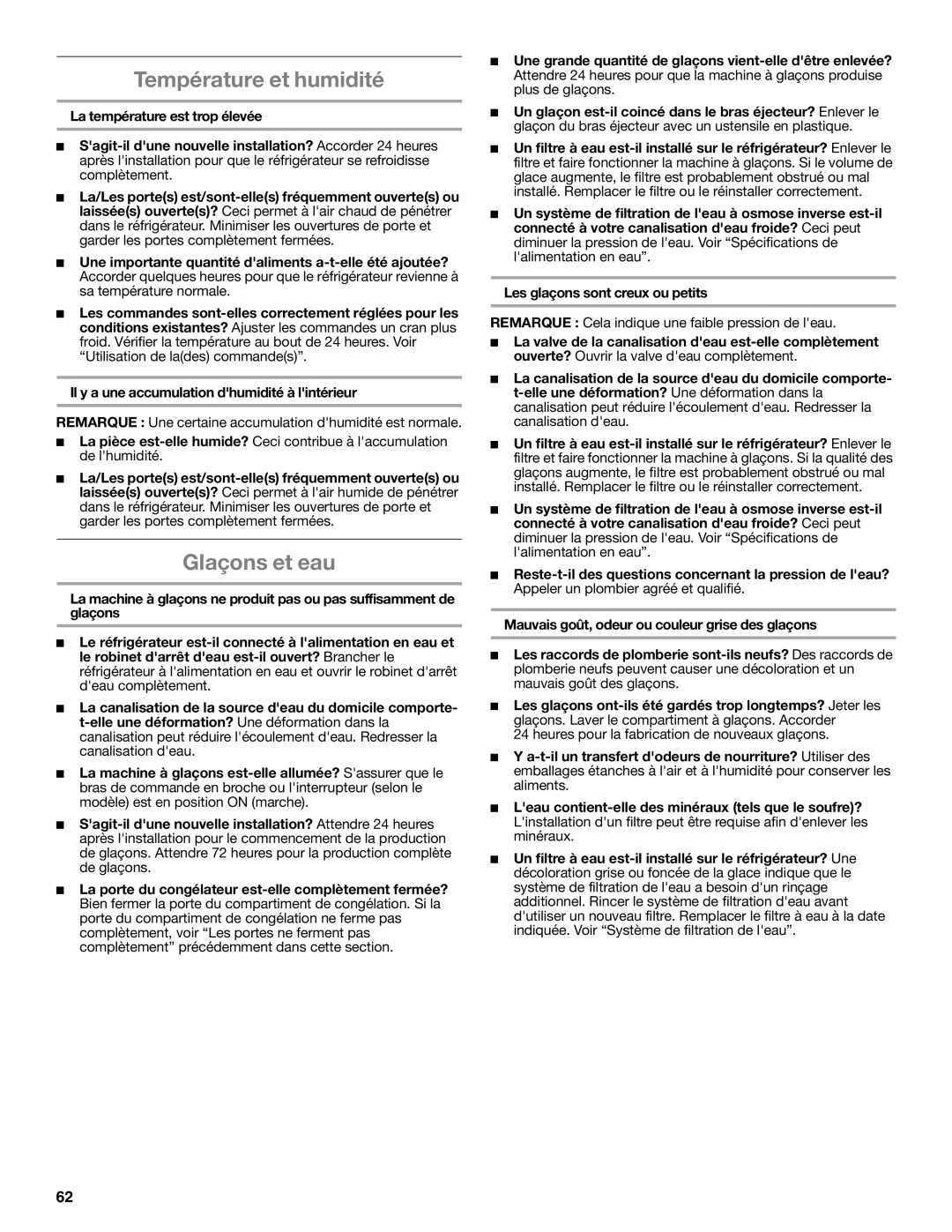 Whirlpool WRF535SMBM installation instructions Température et humidité, Glaçons et eau 