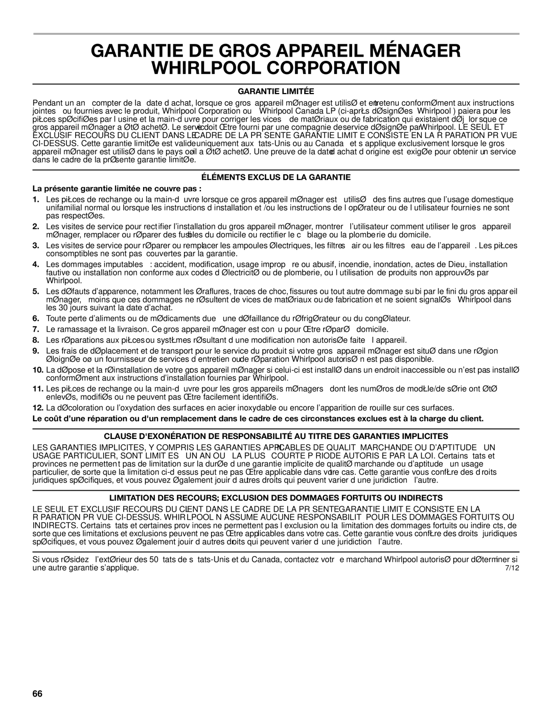 Whirlpool WRF535SMBM installation instructions Garantie DE Gros Appareil Ménager Whirlpool Corporation, Garantie Limitée 