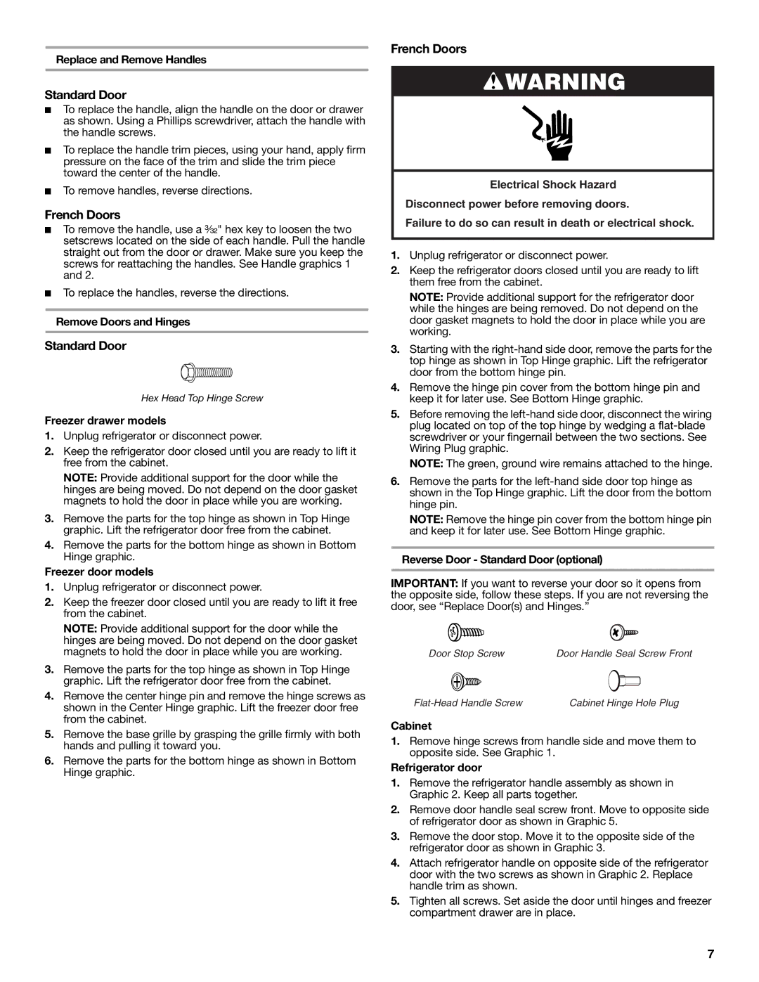 Whirlpool WRF535SMBM installation instructions Standard Door, French Doors 