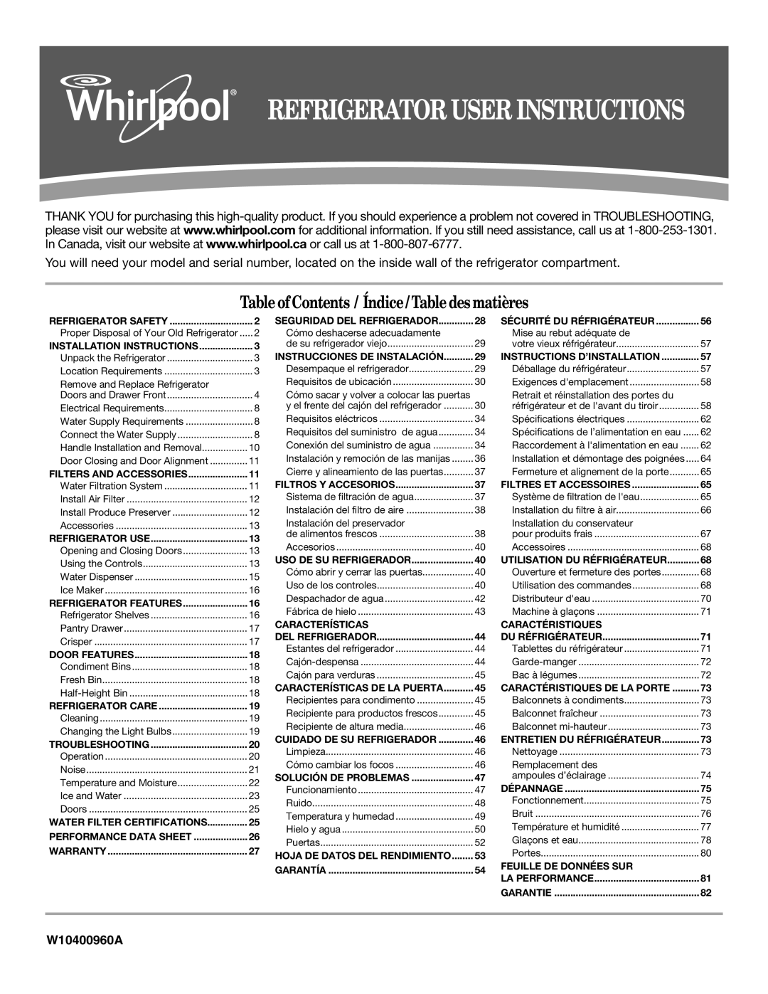 Whirlpool WRF560SMYW, WRF560SEYW, WRF560SMYM, WRF560SEYB, WRF560SEYM installation instructions Refrigerator User Instructions 