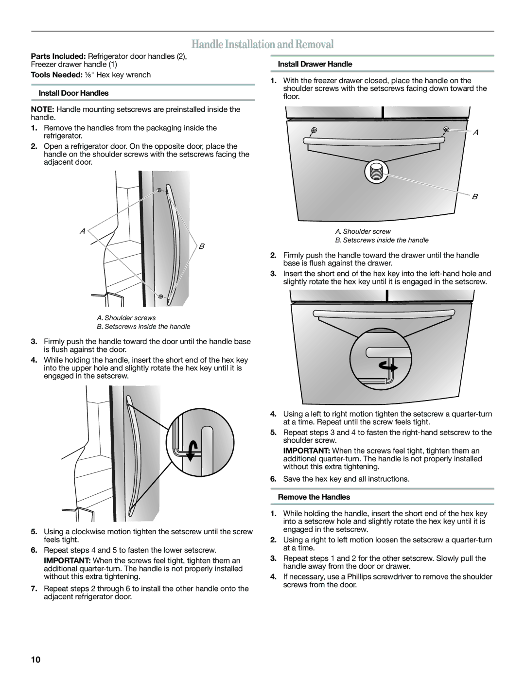 Whirlpool WRF560SEYW Handle Installation and Removal, Install Door Handles, Install Drawer Handle, Remove the Handles 