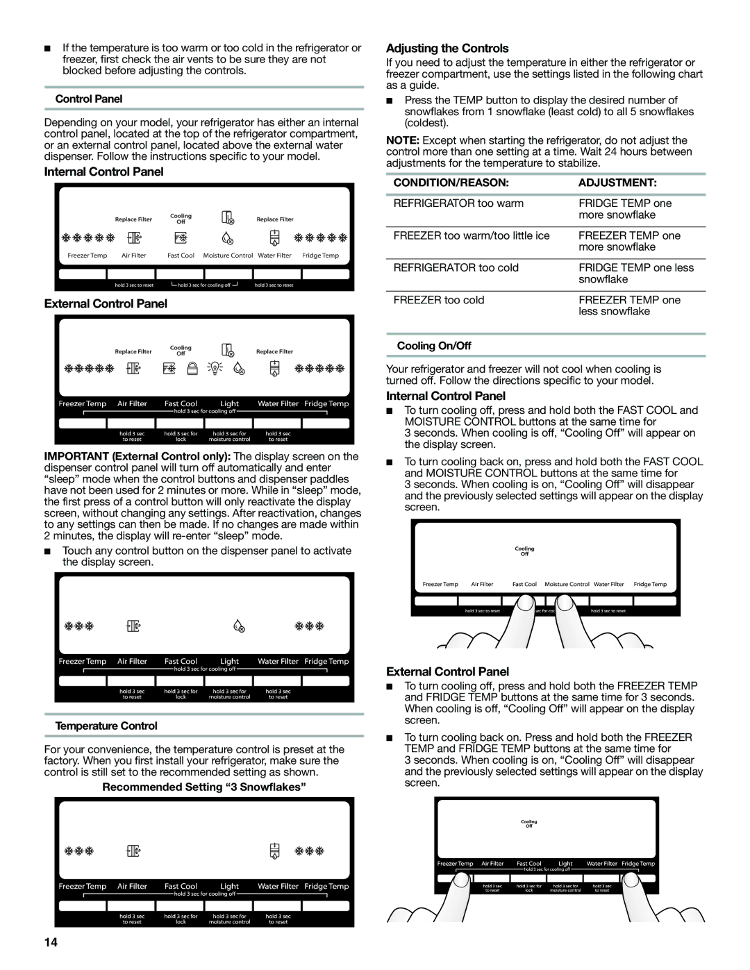 Whirlpool WRF560SEYM Internal Control Panel External Control Panel, Adjusting the Controls, CONDITION/REASON Adjustment 