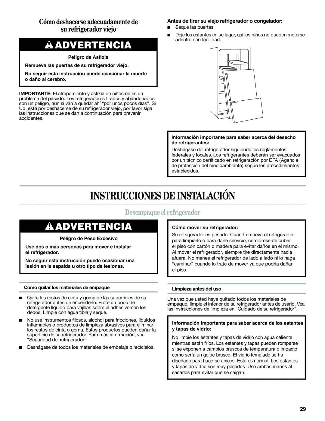 Whirlpool WRF560SEYM, WRF560SEYW, WRF560SMYW, WRF560SMYM, WRF560SEYB Instrucciones DE Instalación, Desempaque el refrigerador 