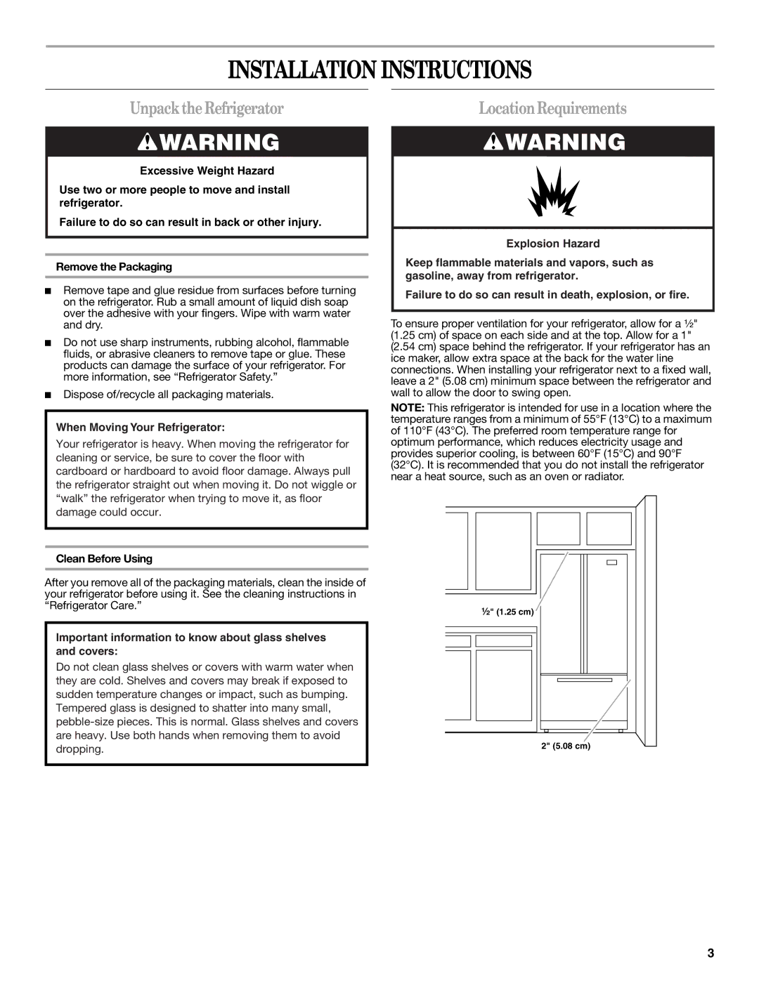 Whirlpool WRF560SEYB Installation Instructions, Unpack the Refrigerator, LocationRequirements, Clean Before Using 