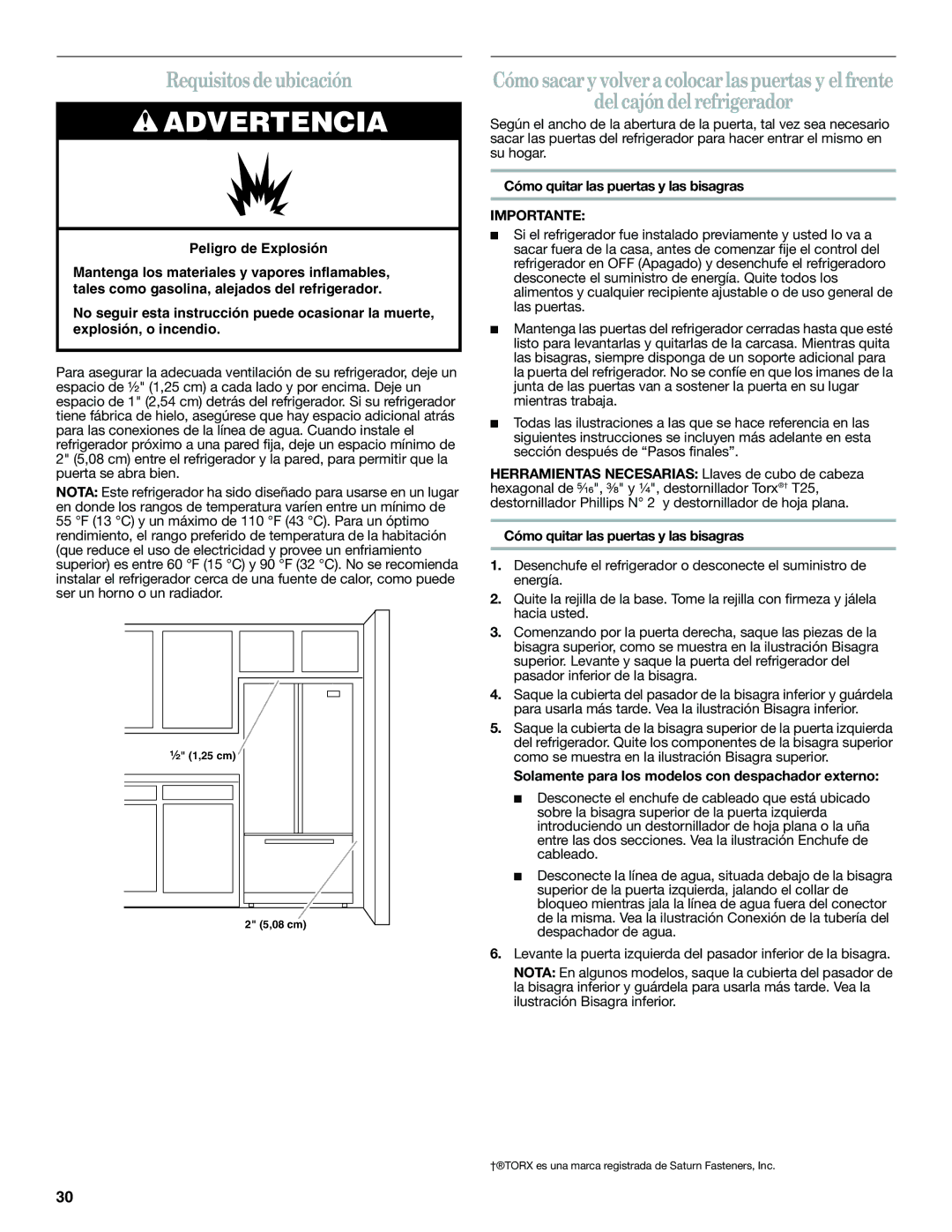 Whirlpool WRF560SEYW Requisitos de ubicación, Del cajón del refrigerador, Cómo quitar las puertas y las bisagras 