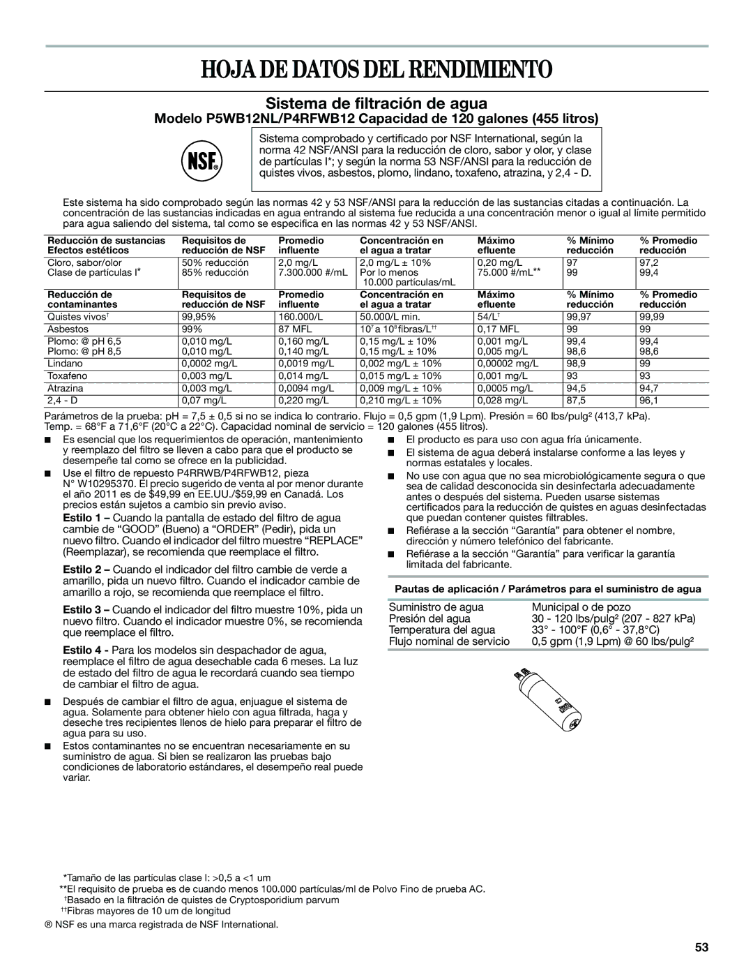 Whirlpool WRF560SEYB, WRF560SEYW, WRF560SMYW, WRF560SMYM Hoja DE Datos DEL Rendimiento, Sistema de filtración de agua 