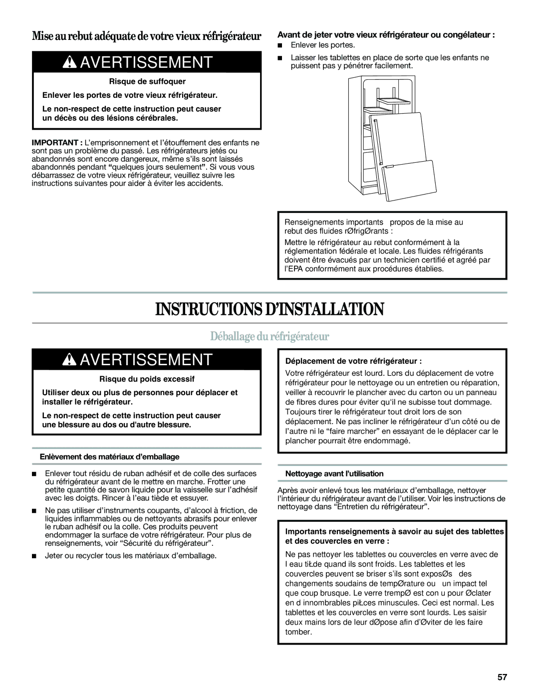 Whirlpool WRF560SMYM, WRF560SEYW Instructions D’INSTALLATION, Déballage duréfrigérateur, Nettoyage avant l’utilisation 