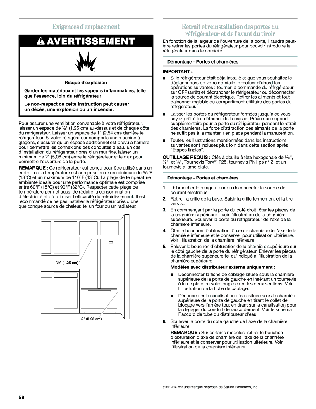 Whirlpool WRF560SEYB Exigences demplacement, Démontage Portes et charnières, Modèles avec distributeur externe uniquement 