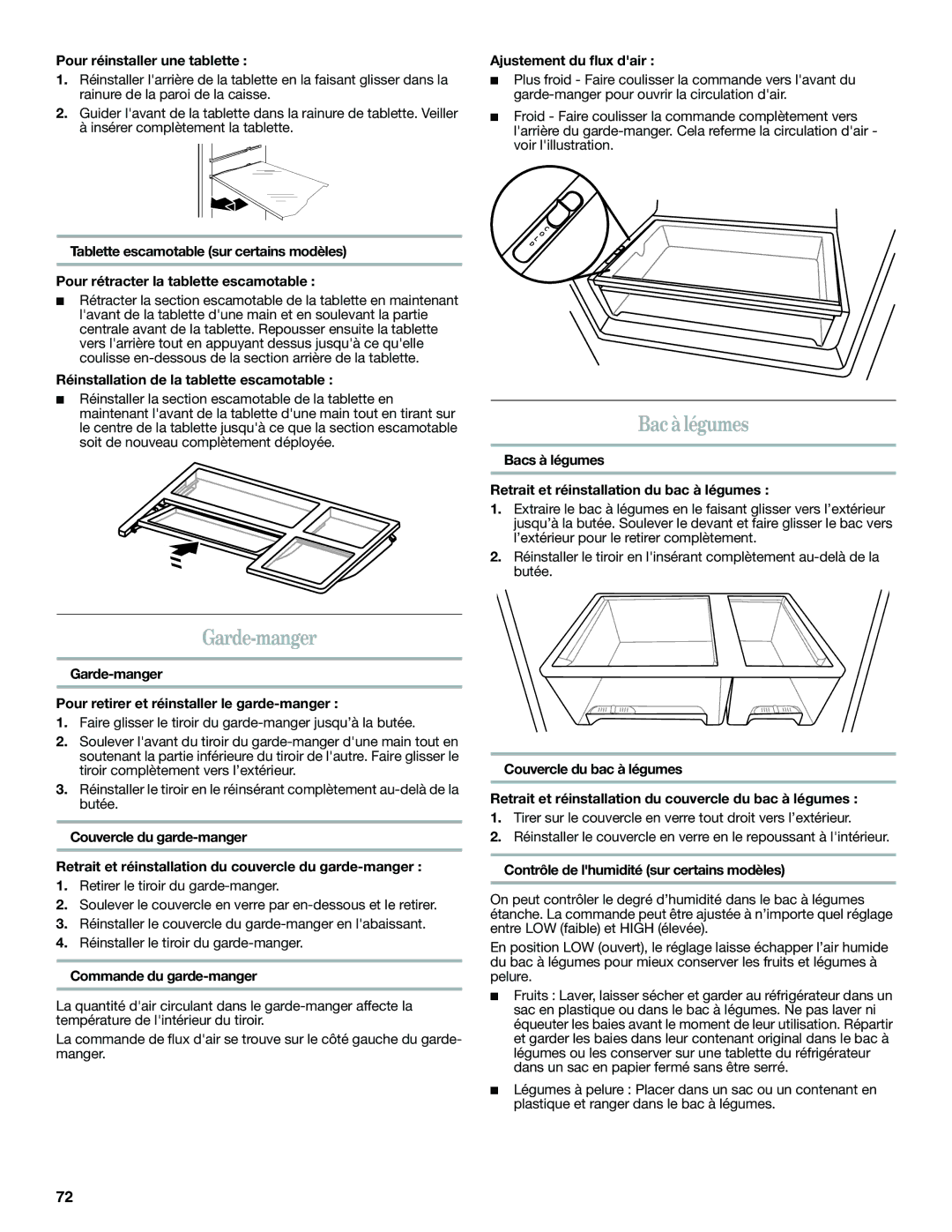 Whirlpool WRF560SMYM, WRF560SEYW, WRF560SMYW, WRF560SEYB, WRF560SEYM installation instructions Bac à légumes, Garde-manger 