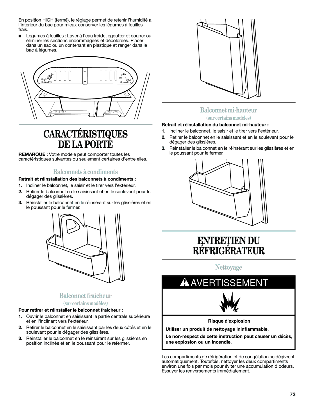 Whirlpool WRF560SEYB, WRF560SEYW, WRF560SMYW, WRF560SMYM, WRF560SEYM Caractéristiques DE LA Porte, Entretien DU Réfrigérateur 