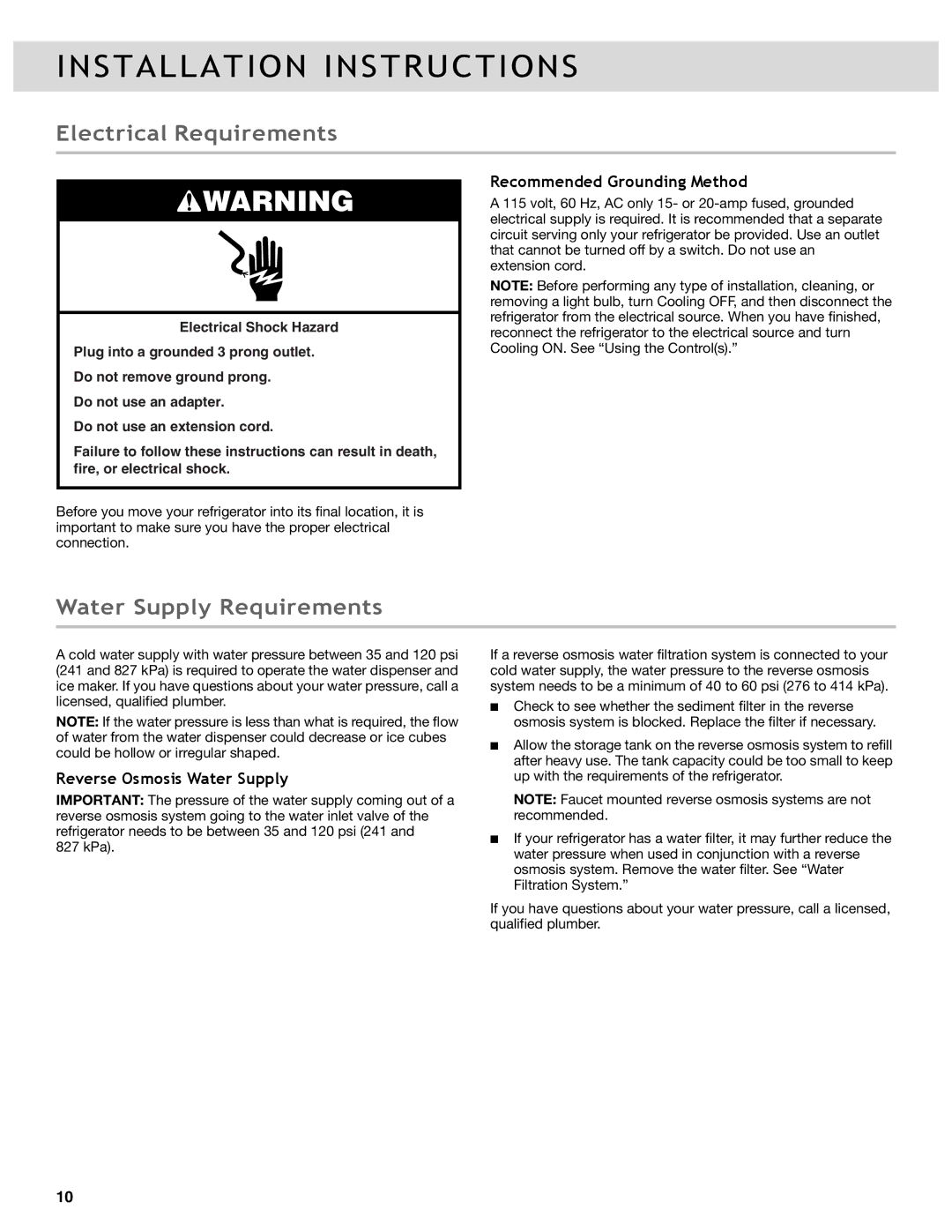 Whirlpool WRF989SDAM, WRF736SDAB manual Electrical Requirements, Water Supply Requirements, Recommended Grounding Method 