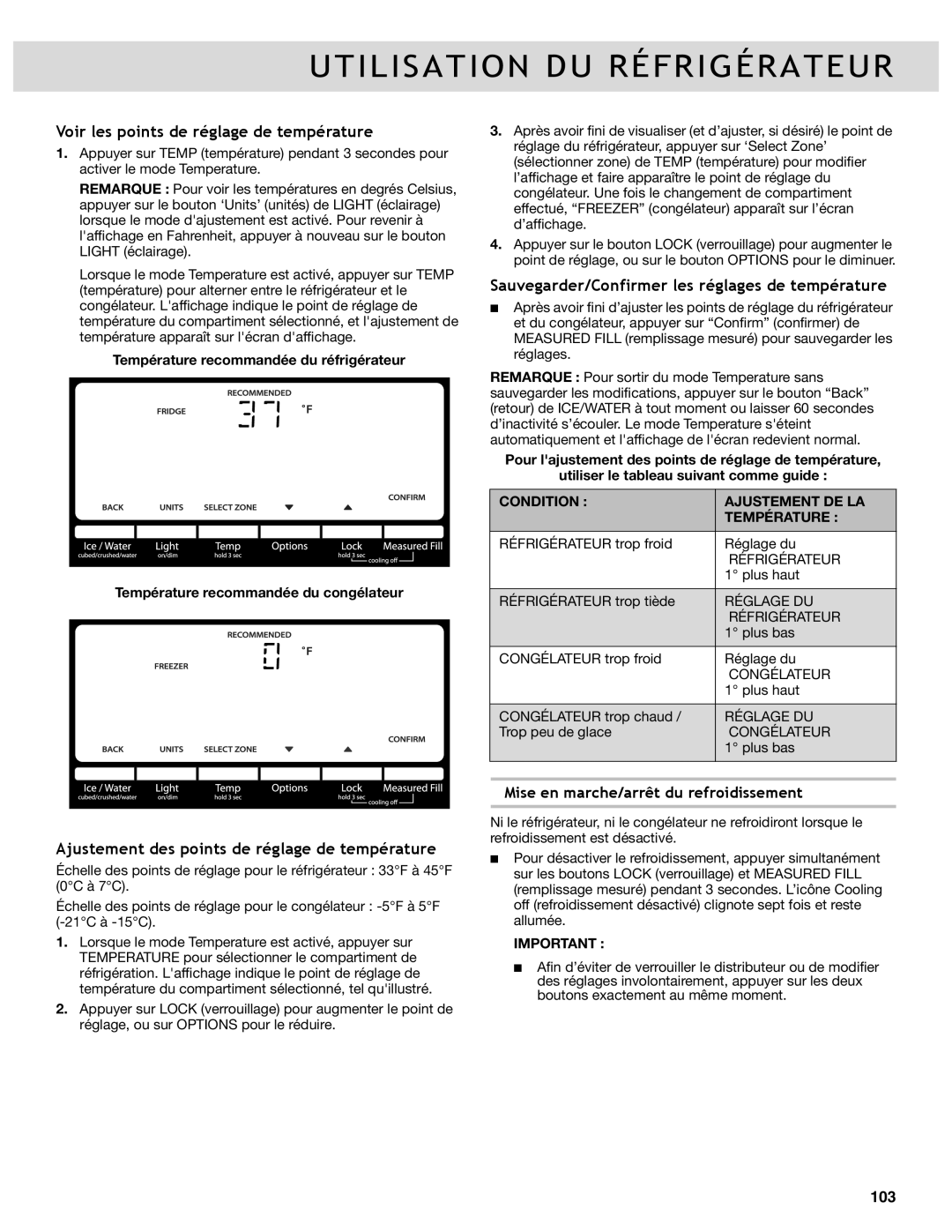 Whirlpool WRF989SDAB manual Voir les points de réglage de température, Ajustement des points de réglage de température 