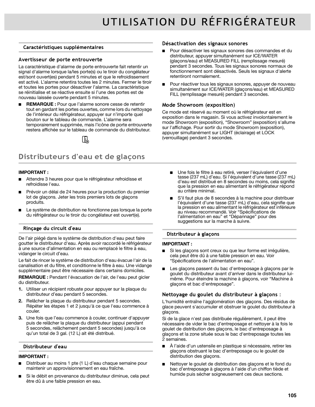 Whirlpool WRF736SDAF Distributeurs deau et de glaçons, Avertisseur de porte entrouverte, Désactivation des signaux sonores 