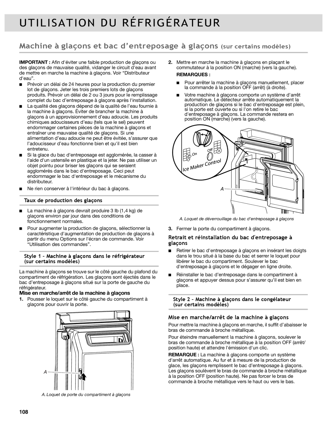 Whirlpool WRF736SDAB Retrait et réinstallation du bac dentreposage à glaçons, Mise en marche/arrêt de la machine à glaçons 