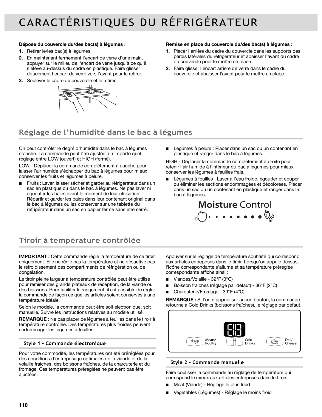 Whirlpool WRF989SDAH, WRF736SDAB, WRF989SDAM Réglage de l’humidité dans le bac à légumes, Tiroir à température contrôlée 