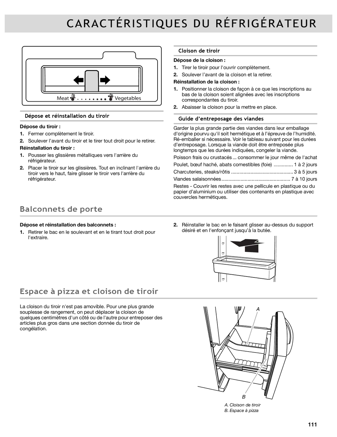 Whirlpool WRF736SDAM, WRF736SDAB, WRF989SDAM Balconnets de porte, Espace à pizza et cloison de tiroir, Cloison de tiroir 