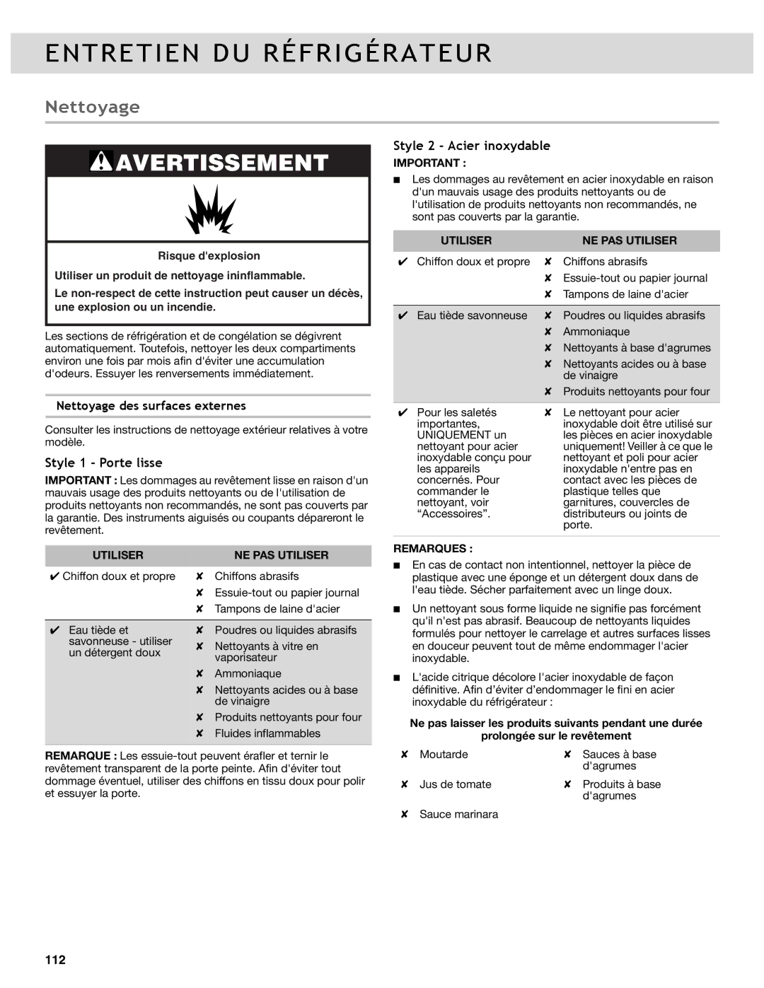 Whirlpool WRF989SDAB, WRF736SDAB manual Entretien DU Réfrigérateur, Nettoyage, Style 1 Porte lisse, Style 2 Acier inoxydable 